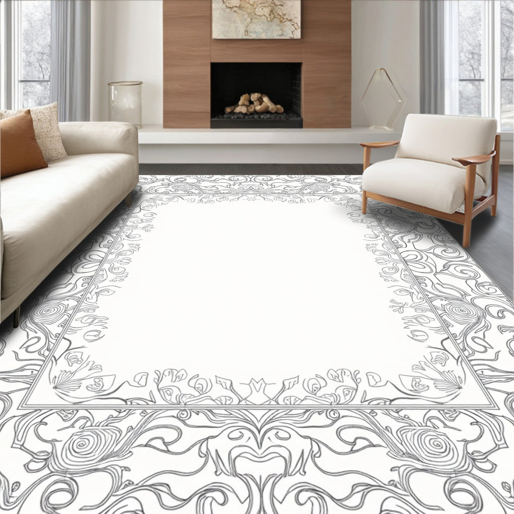 Ornate Floral Swirl Contour Design Rug