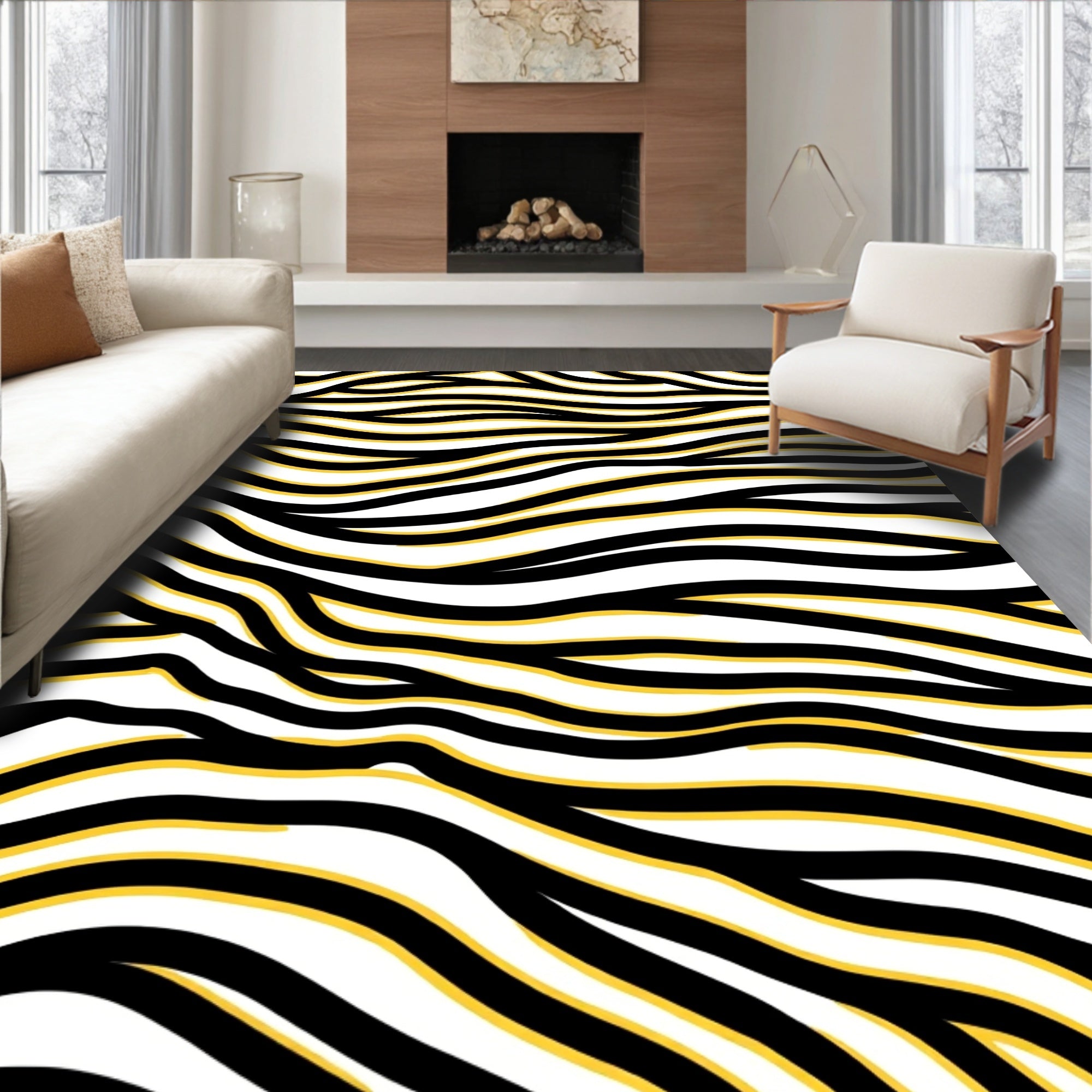Bold Black Yellow Wavy Lines Rug