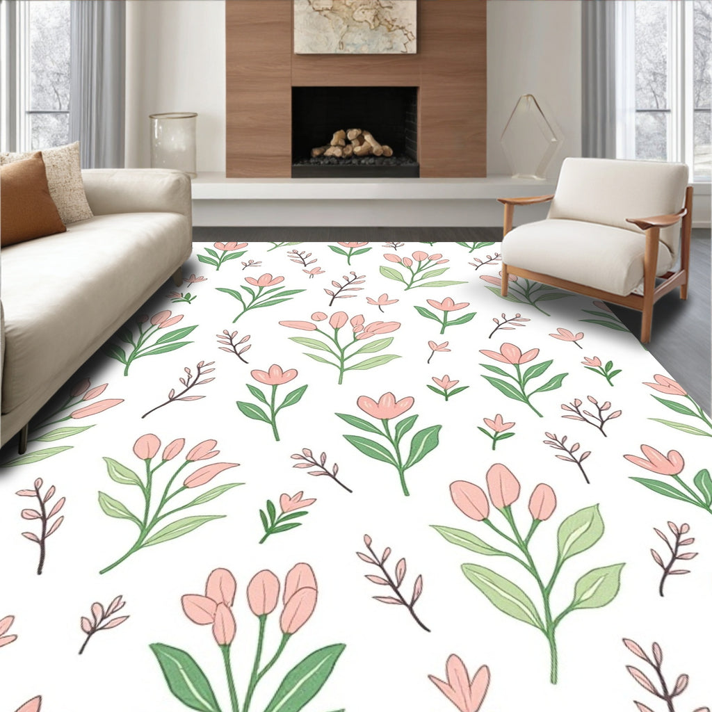 Hand Drawn Floral Botanical Pattern Rug
