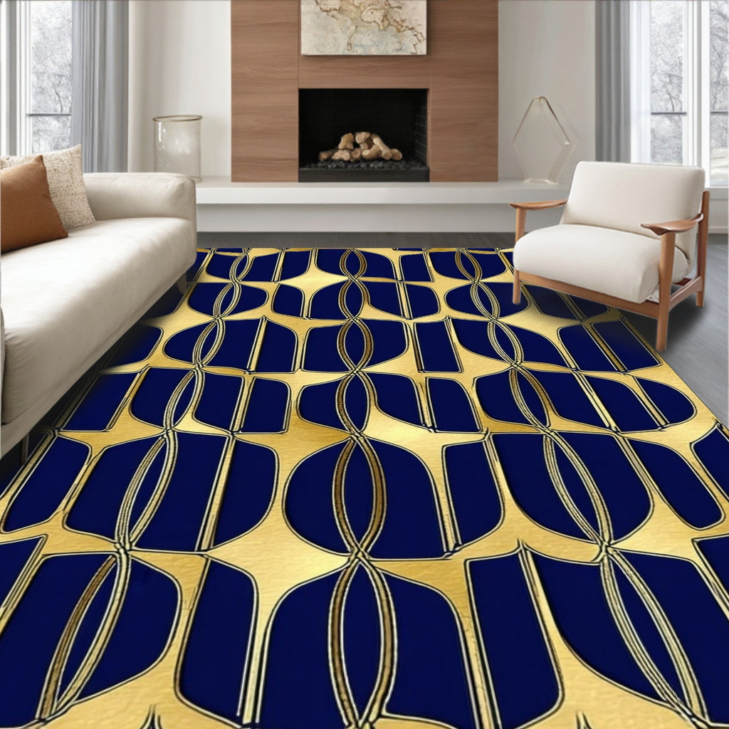 Art Deco Blue Gold Geometric Pattern Rug