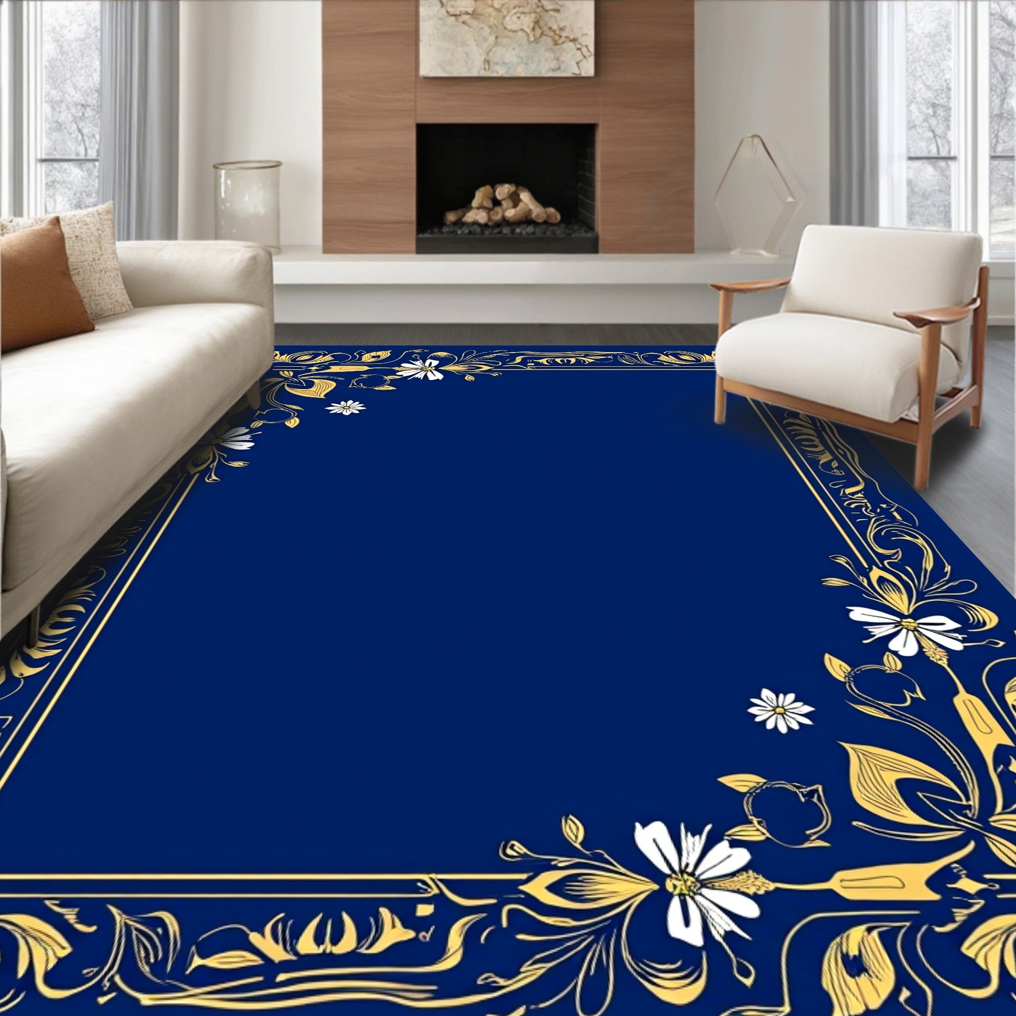 Elegant Gold Floral Border Design Rug