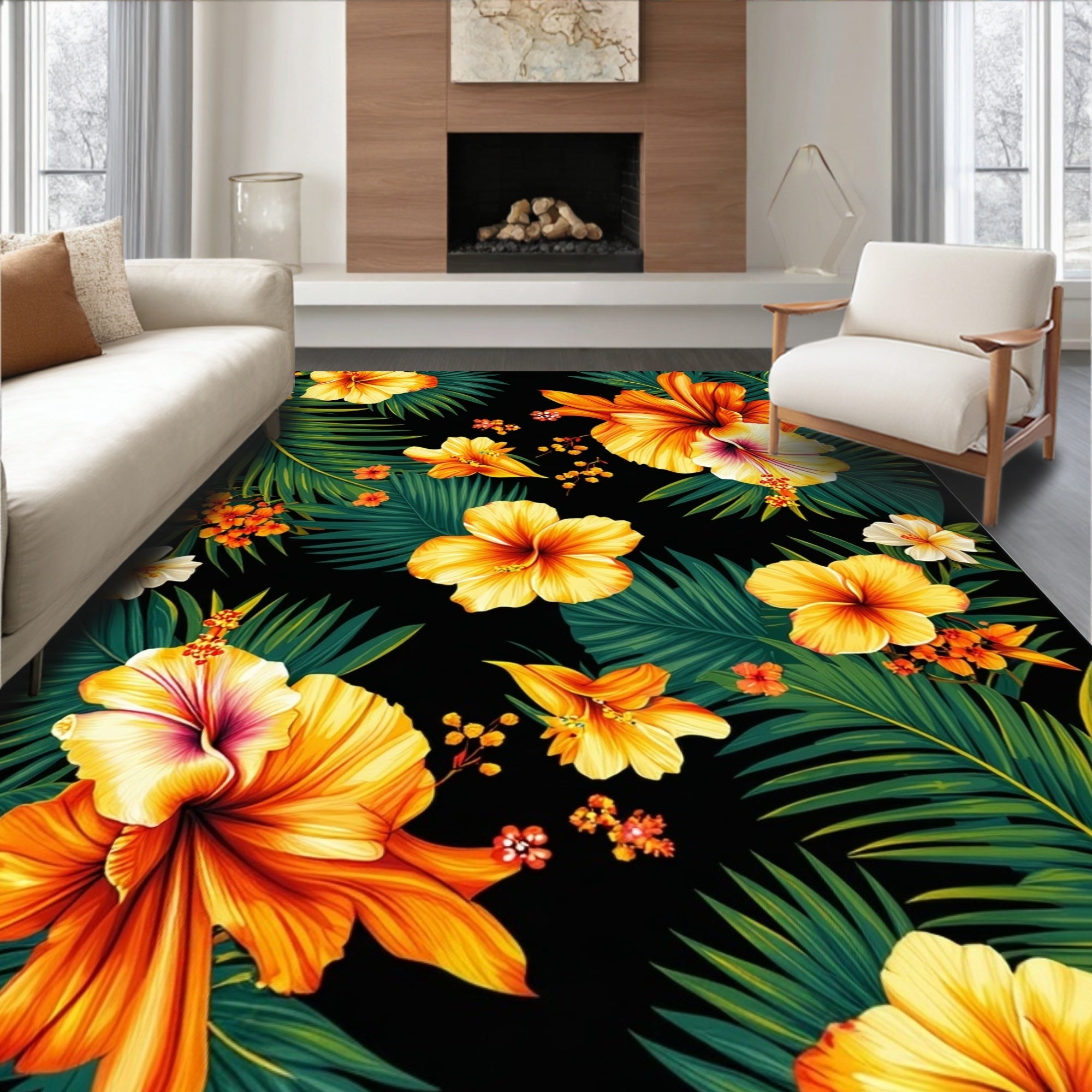 Tropical Hibiscus Floral Pattern Rug