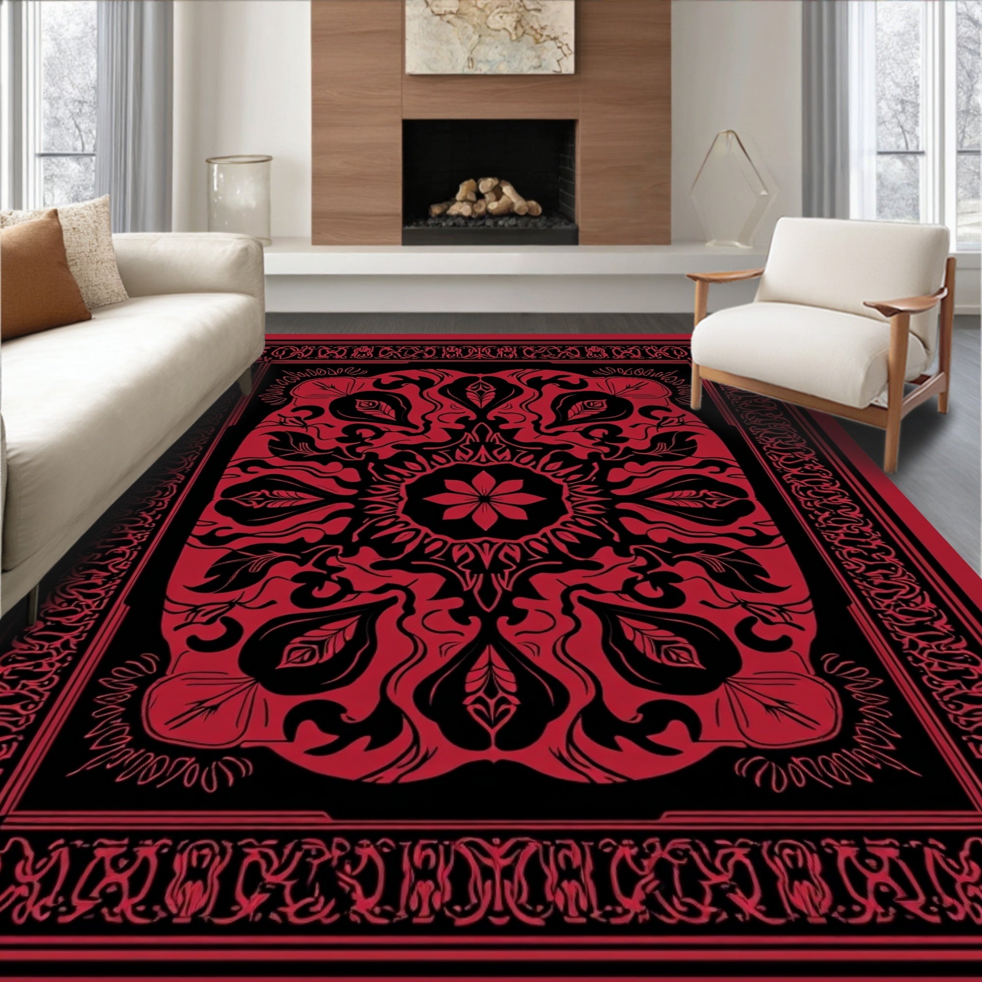 Elegant Red Black Floral Arabesque Rug