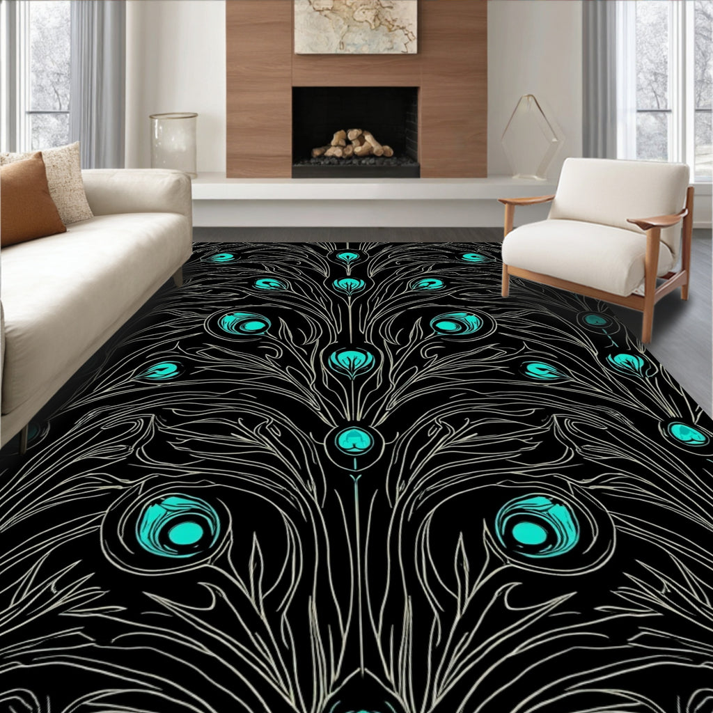 Art Nouveau Teal Peacock Feather Pattern Rug