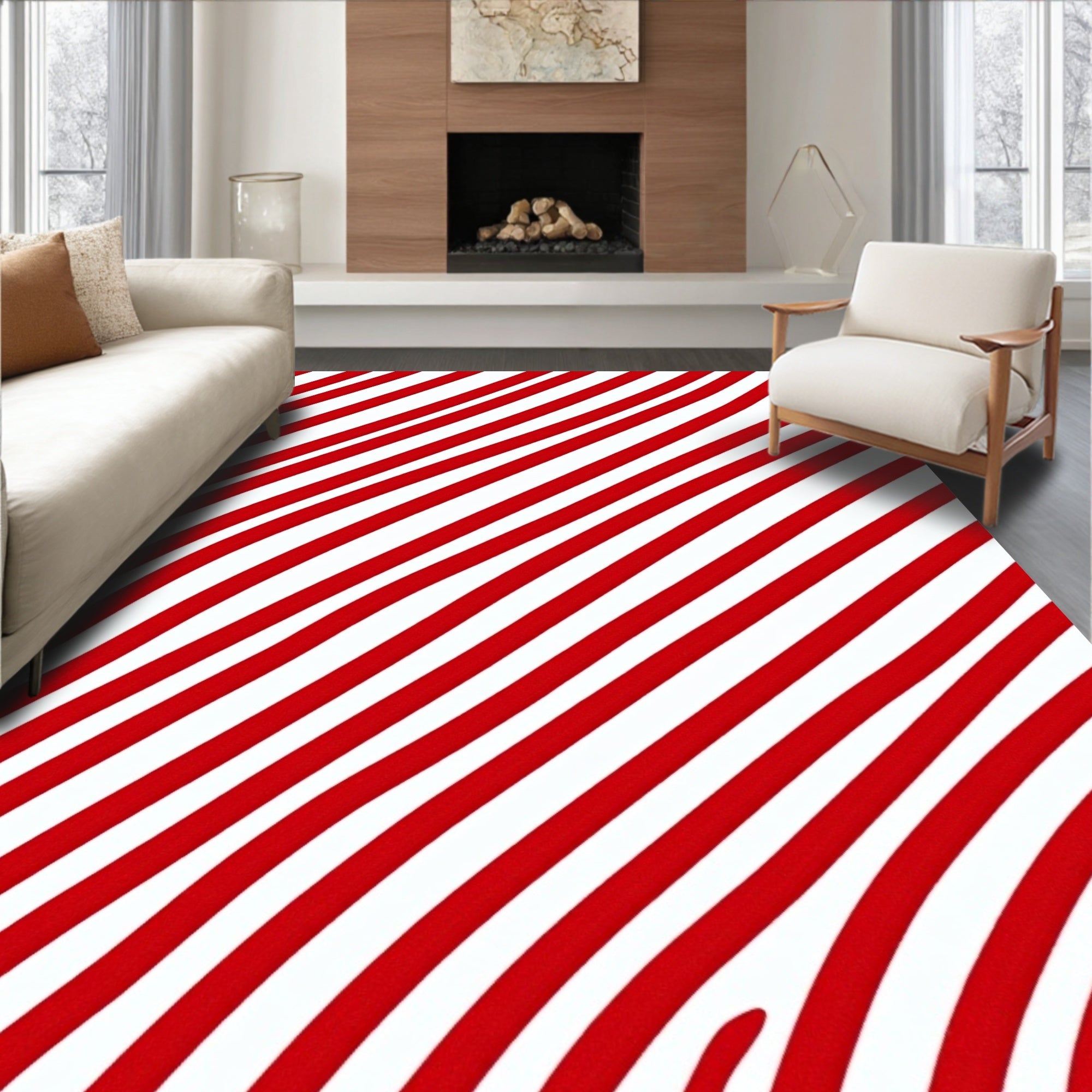 Crimson White Diagonal Wavy Stripes Rug