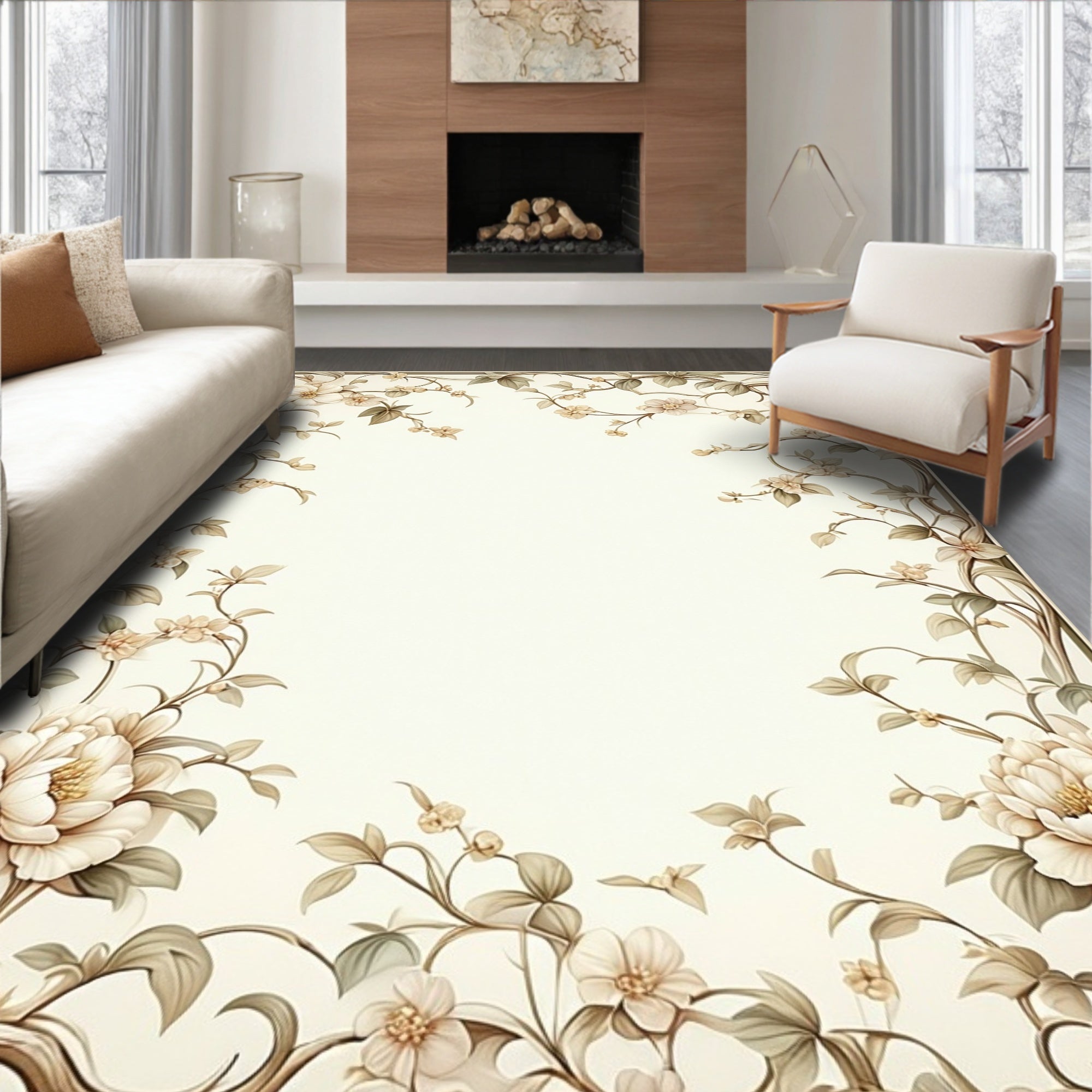 Delicate Floral Vine Border Design Rug