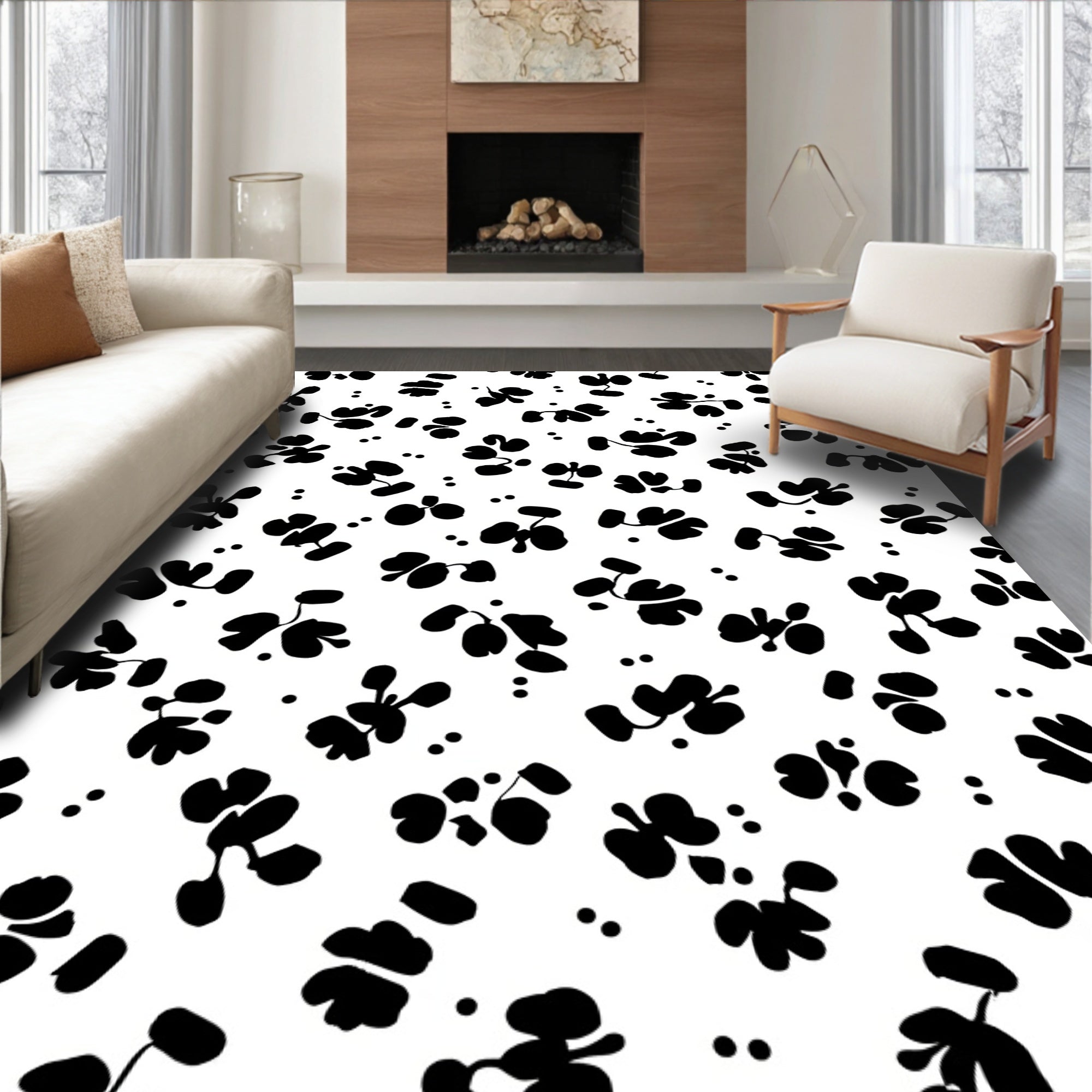 Bold Black White Floral Dotted Pattern Rug