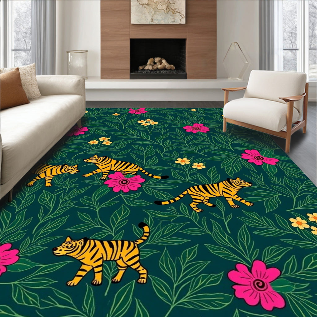 Jungle Tiger Floral Motif Rug
