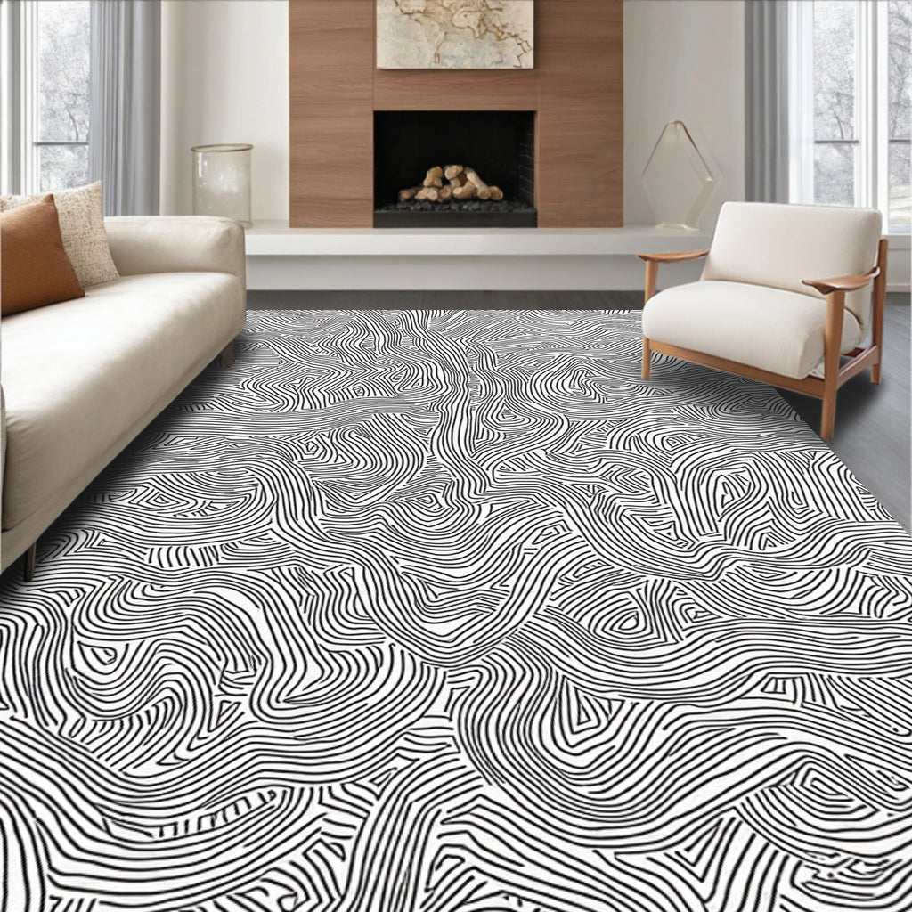Abstract Black White Line Art Rug