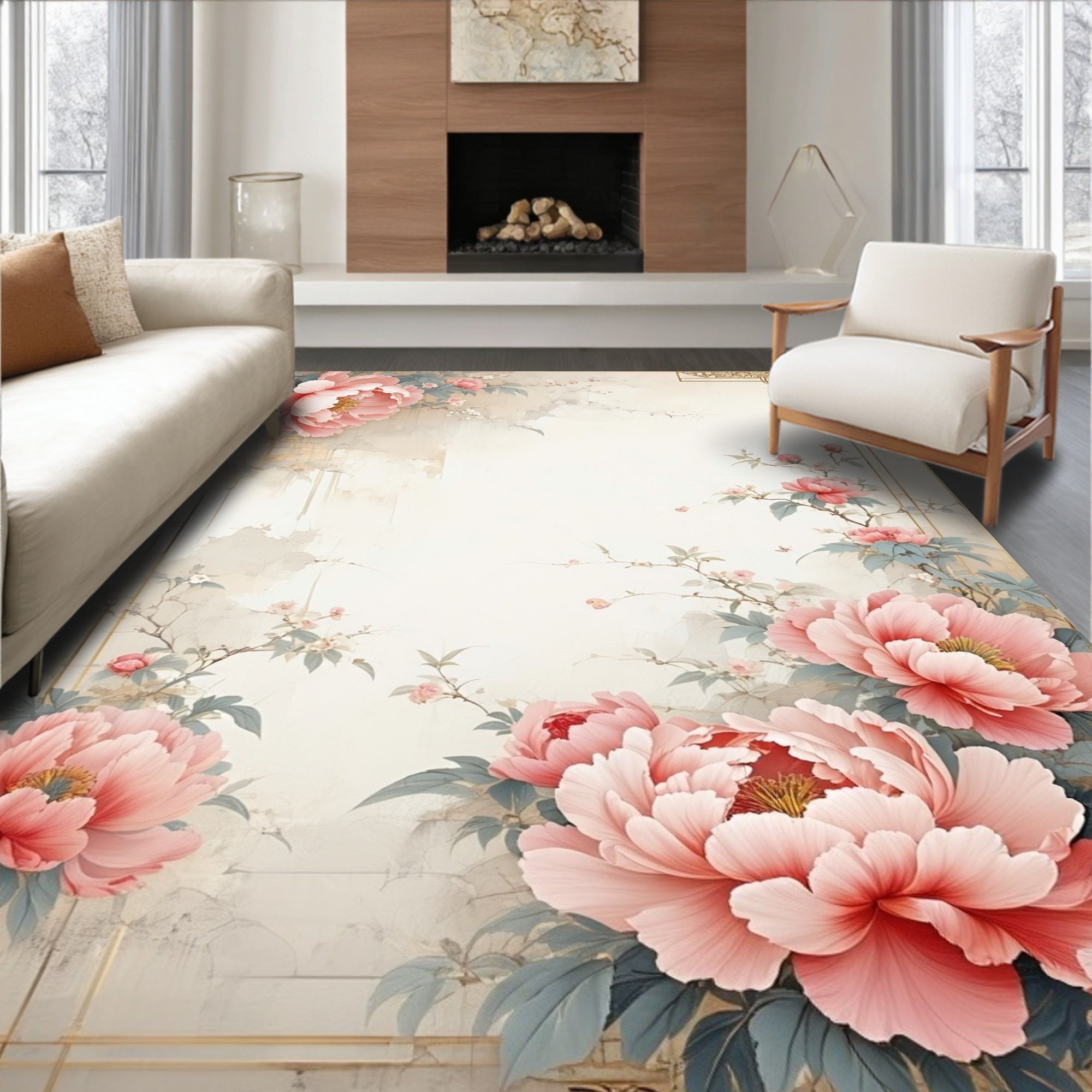 Nature Inspired Pink Peony Floral Rug