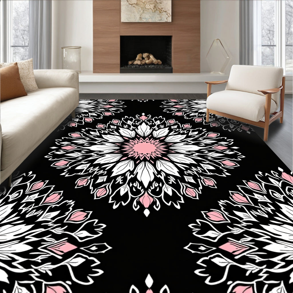 Pink White Floral Mandala Pattern Rug