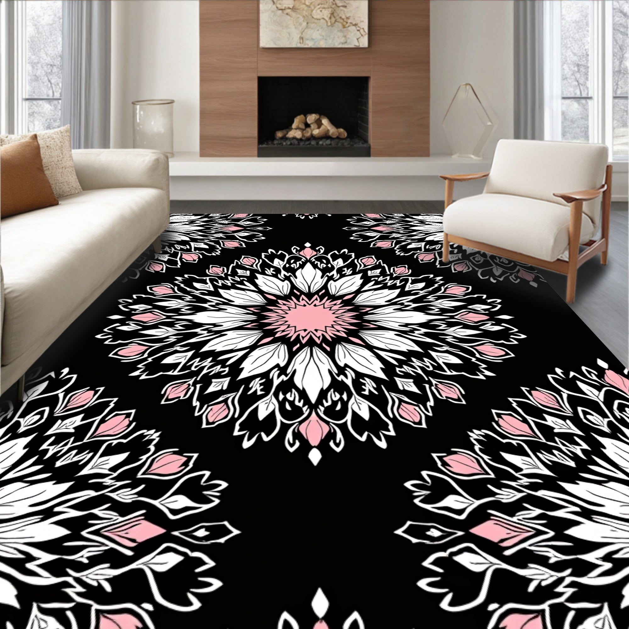 Pink White Floral Mandala Pattern Rug
