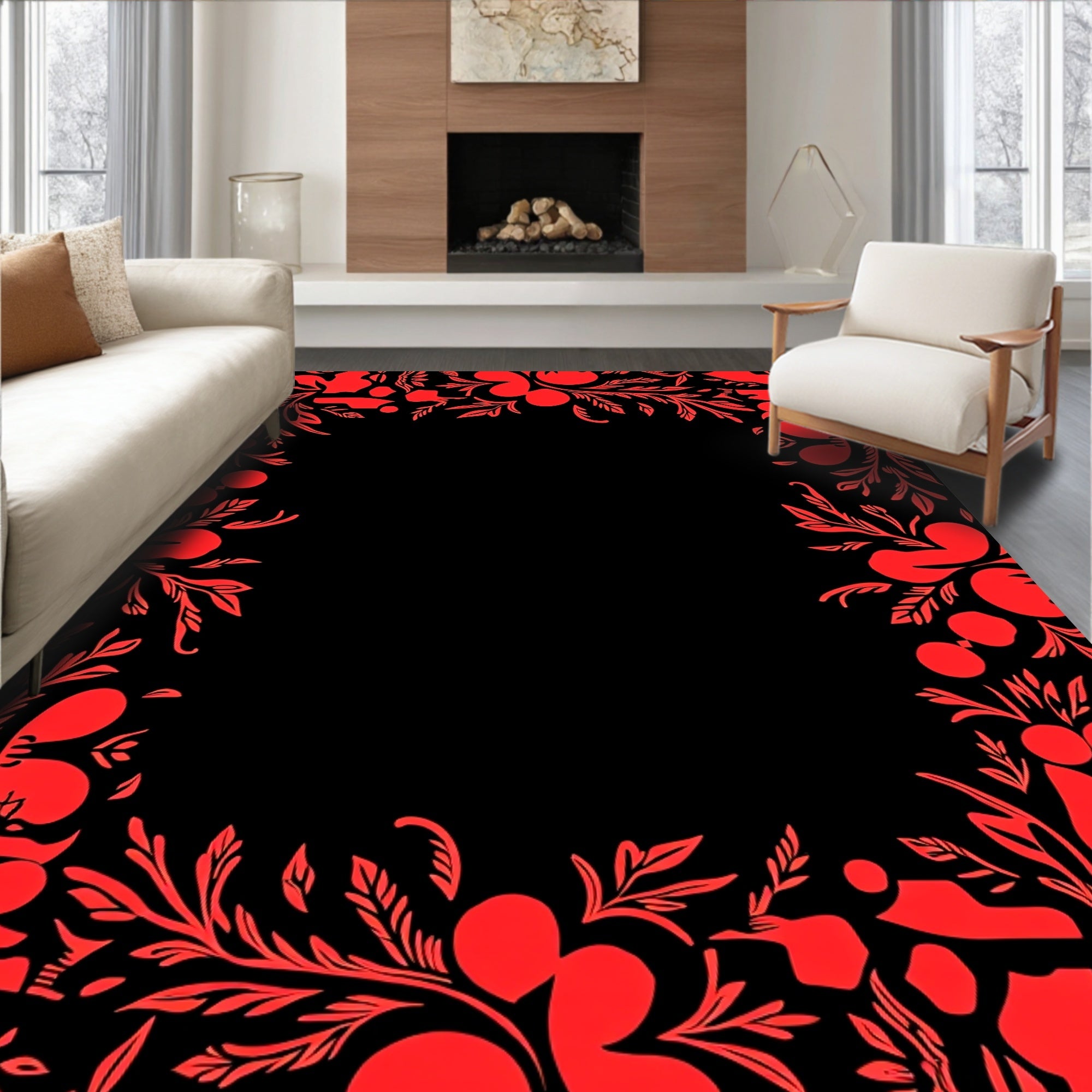 Vibrant Red Foliage Frame Rug