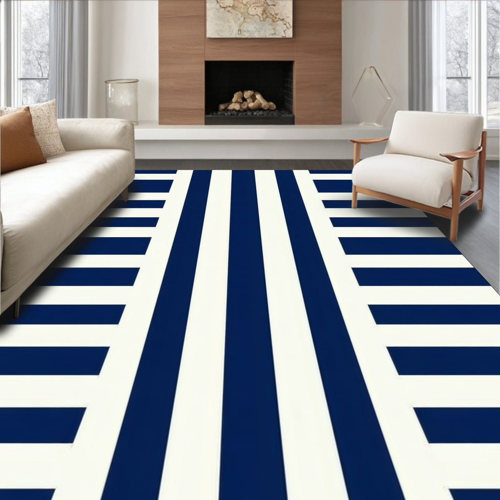 Bold Blue And White Striped Pattern Rug