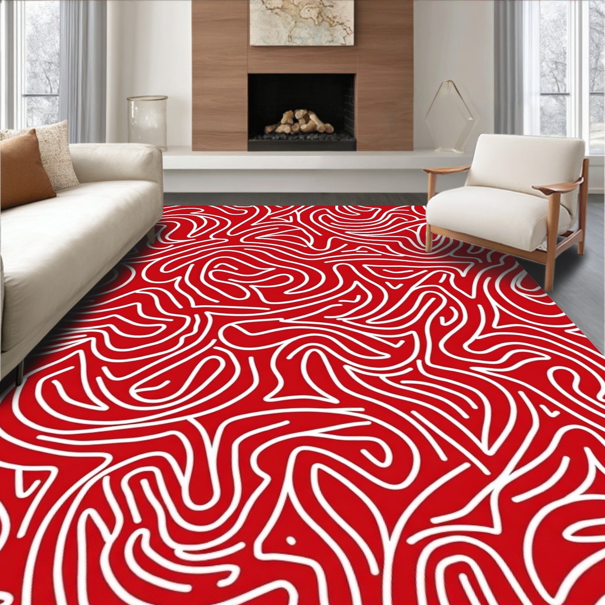 Red White Abstract Swirl Pattern Rug