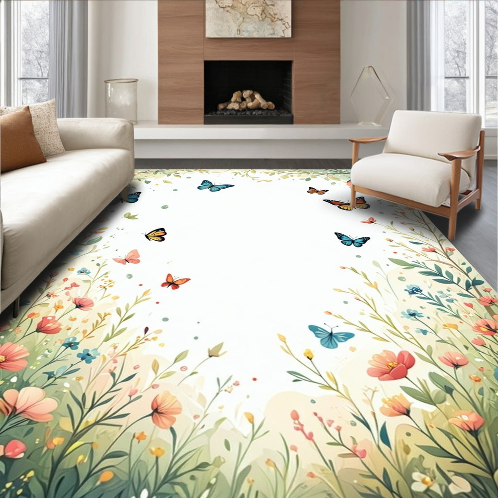 Whimsical Butterflies Wildflowers Garden Rug