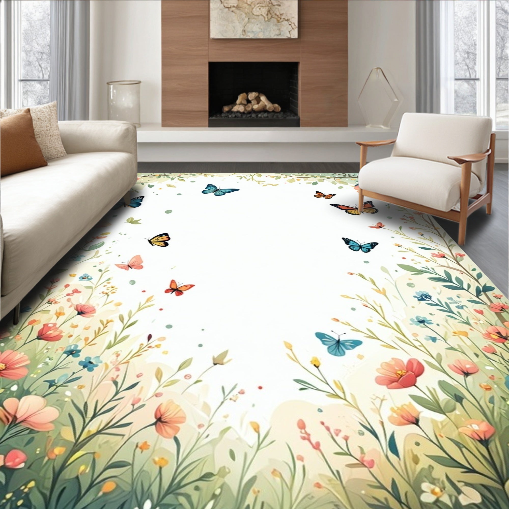 Whimsical Butterflies Wildflowers Garden Rug