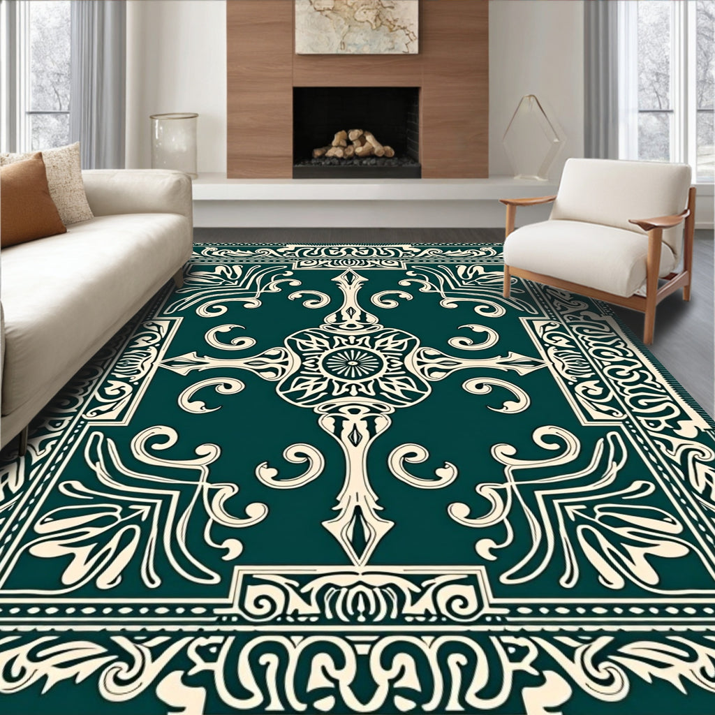 Elegant Teal and Cream Filigree Medallion Rug