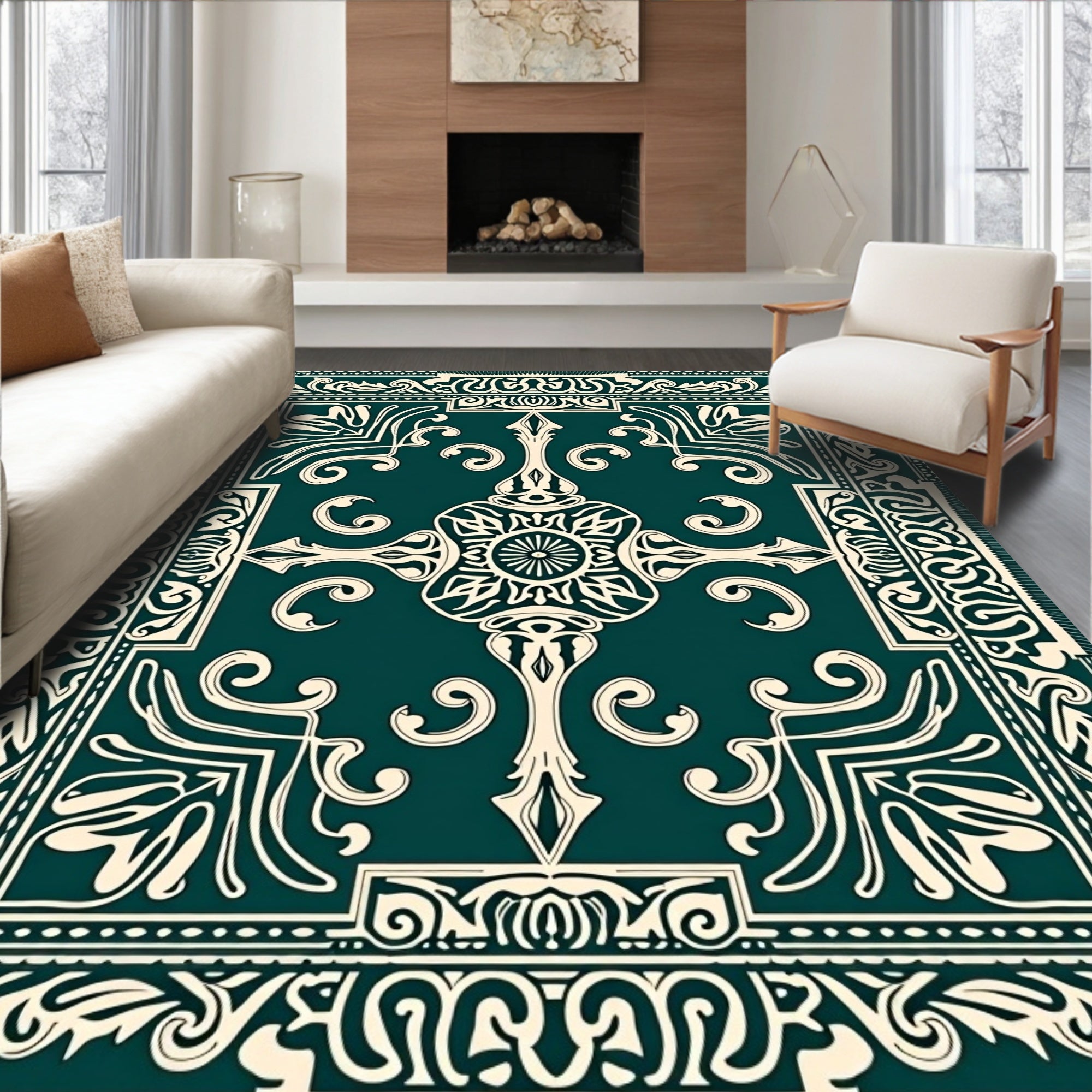 Elegant Teal and Cream Filigree Medallion Rug