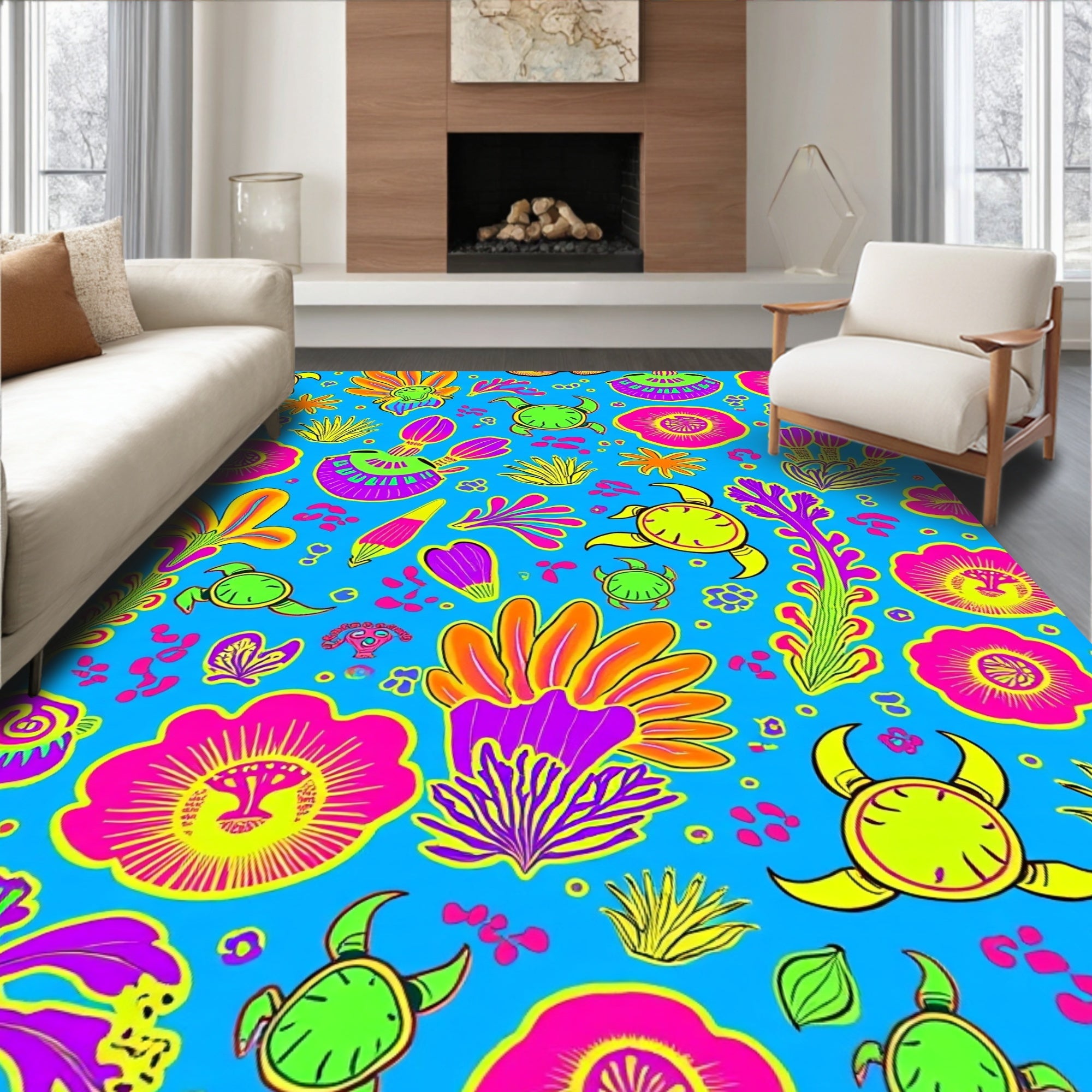 Vivid Aqua Flora Turtle Pattern Rug