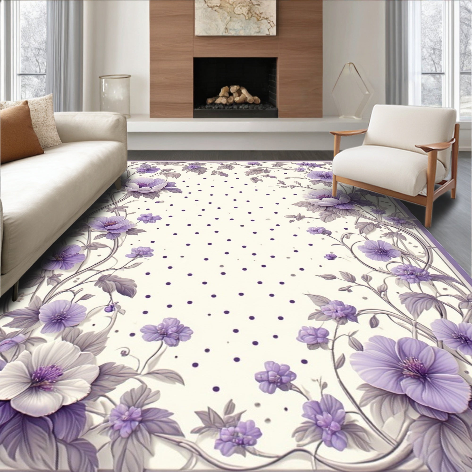 Elegant Lavender Floral Polka Dot Design Rug