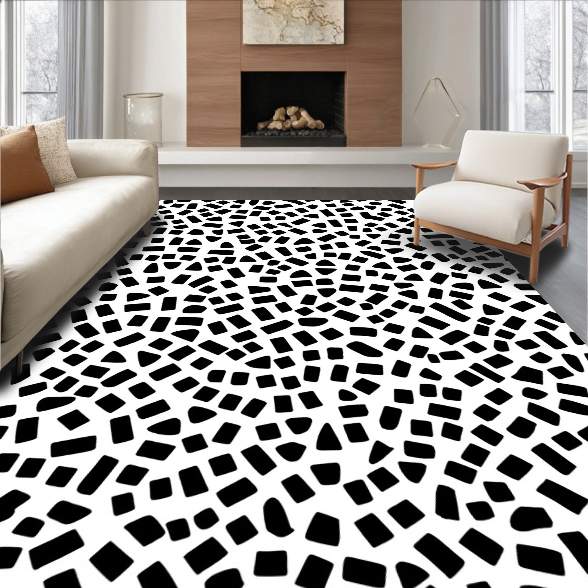 Abstract Scattered Black Tessellation Pattern Rug