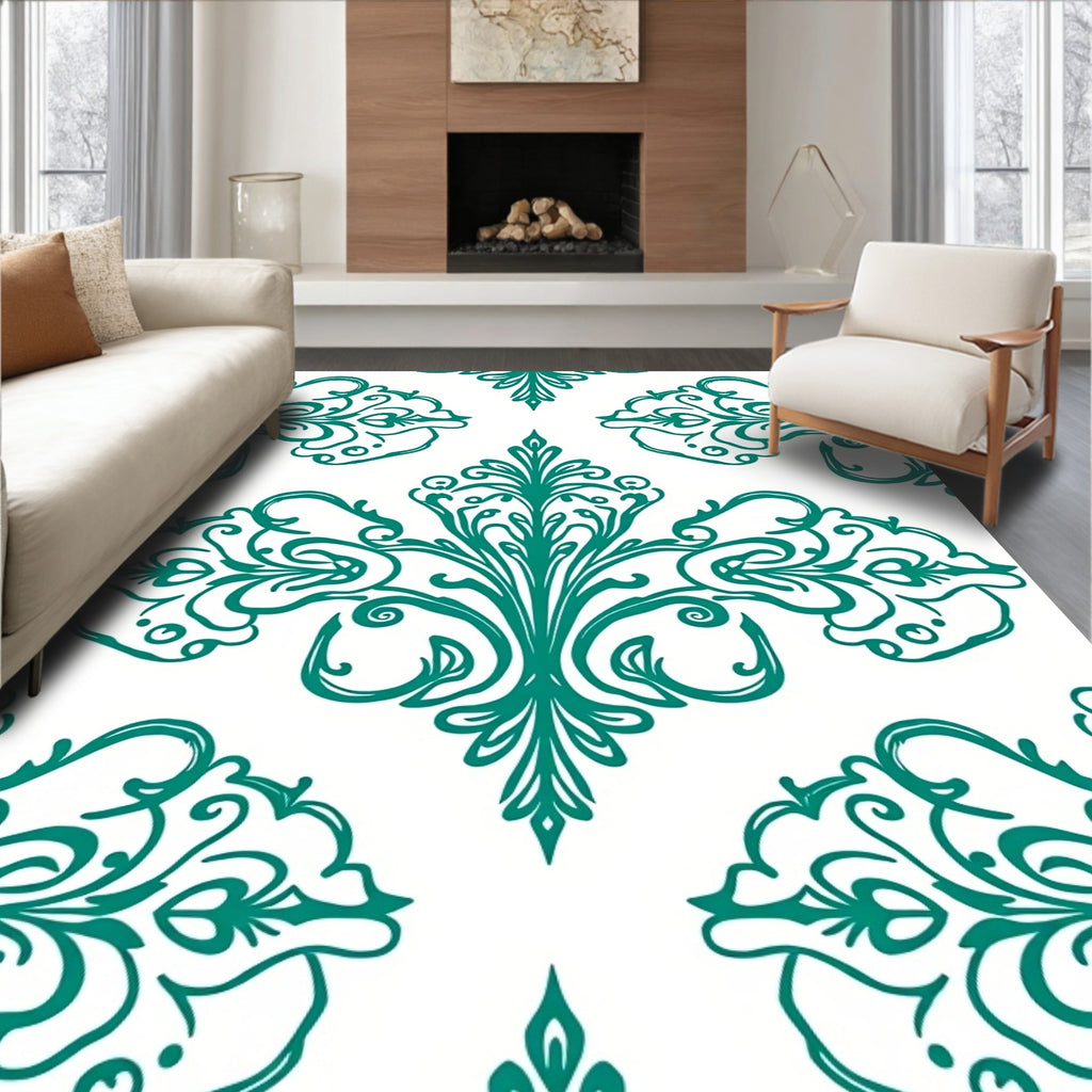 Teal Damask Ornate Scrolling Design Rug