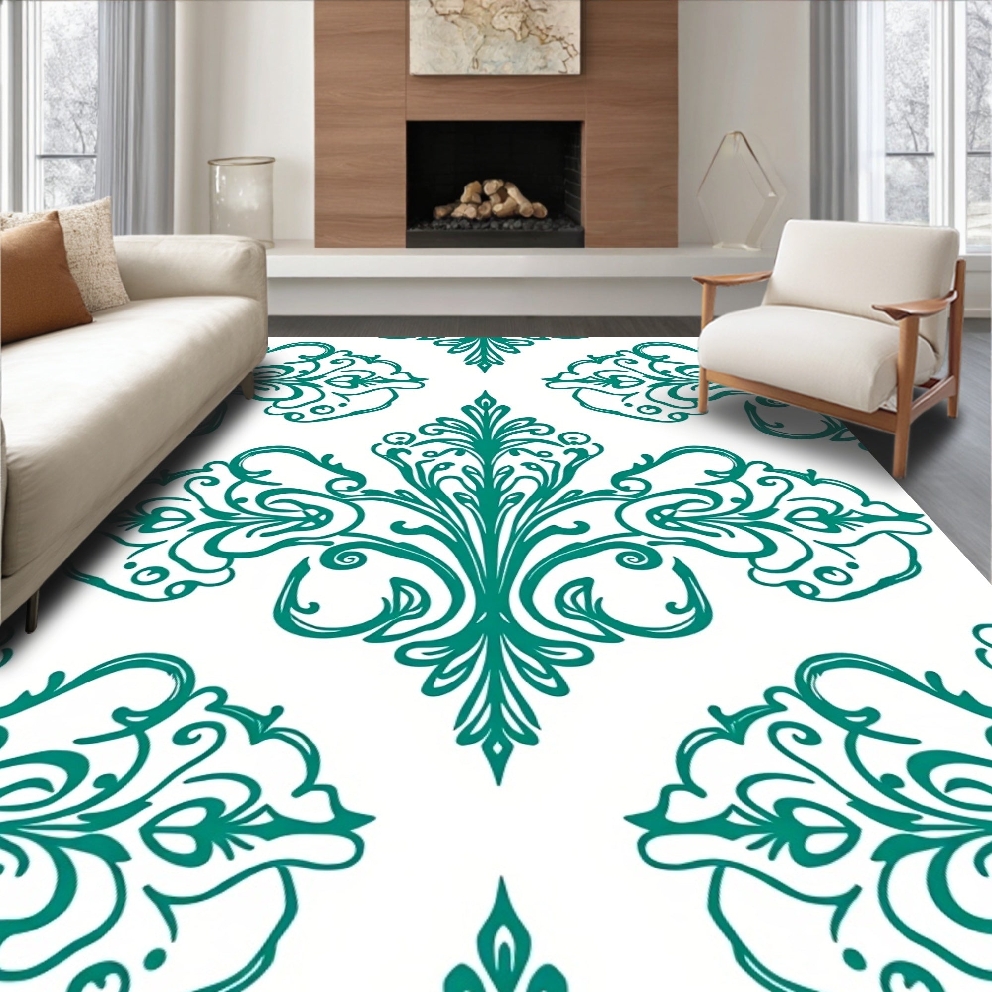 Teal Damask Ornate Scrolling Design Rug