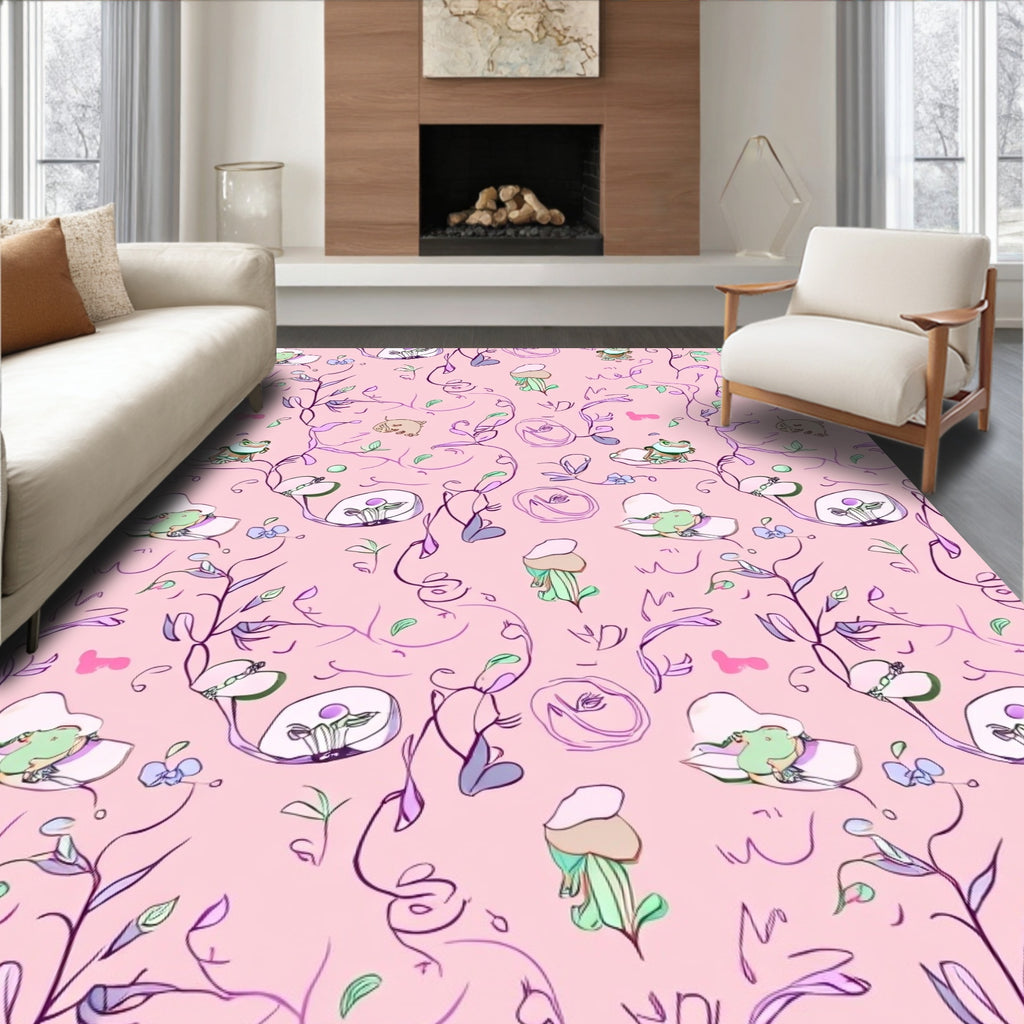 Whimsical Frog Floral Sketch Design Rug