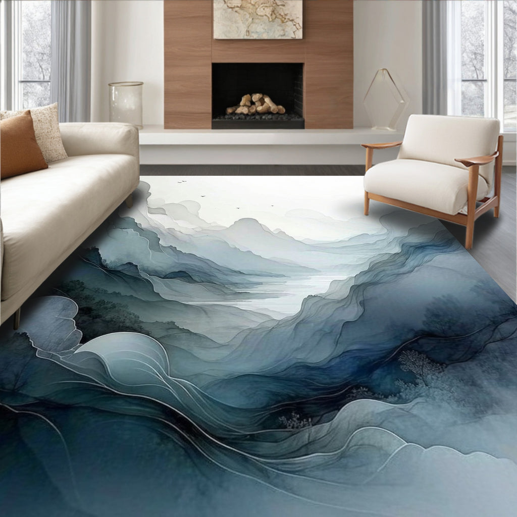 Misty Mountain River Landscape Abstract Rug