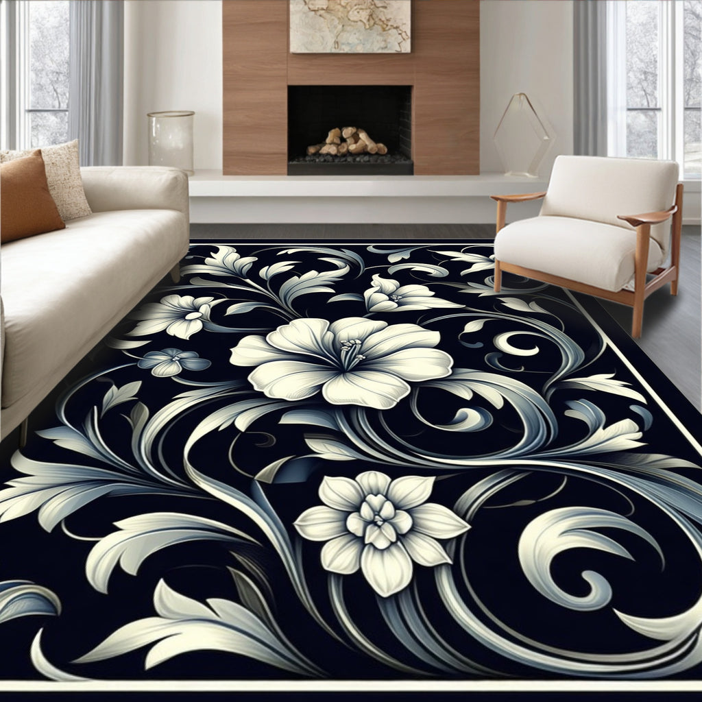 Elegant White Floral Scrollwork Design Rug