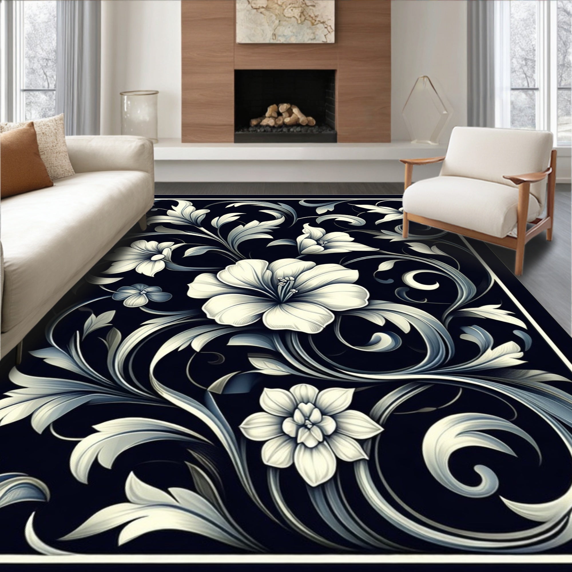 Elegant White Floral Scrollwork Design Rug