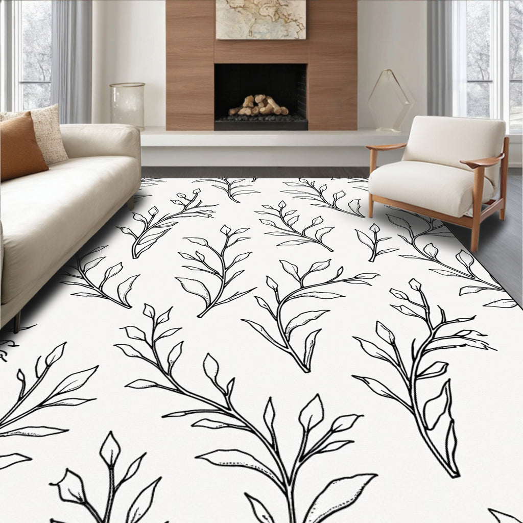 Botanical Black Line Art Branches Rug