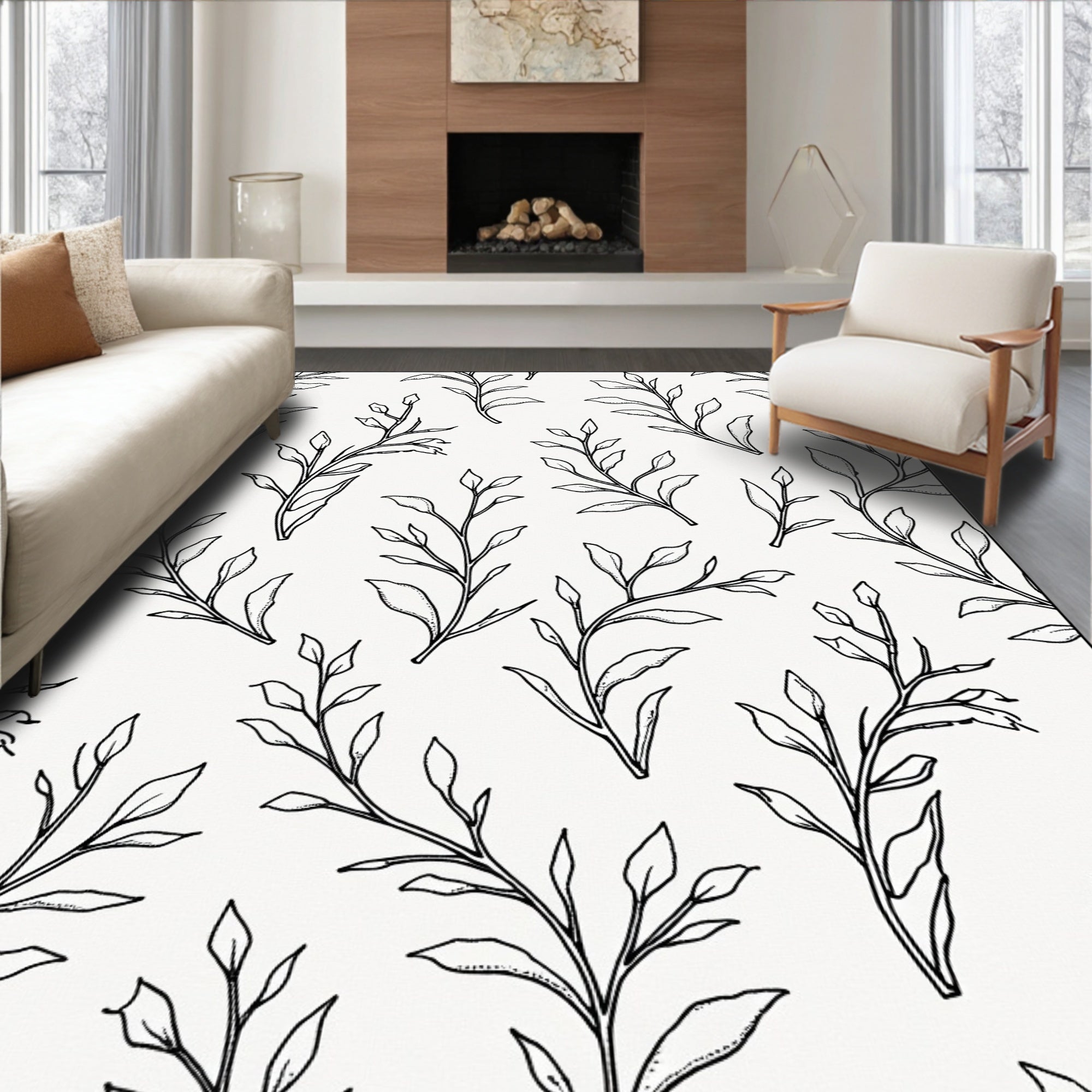 Botanical Black Line Art Branches Rug