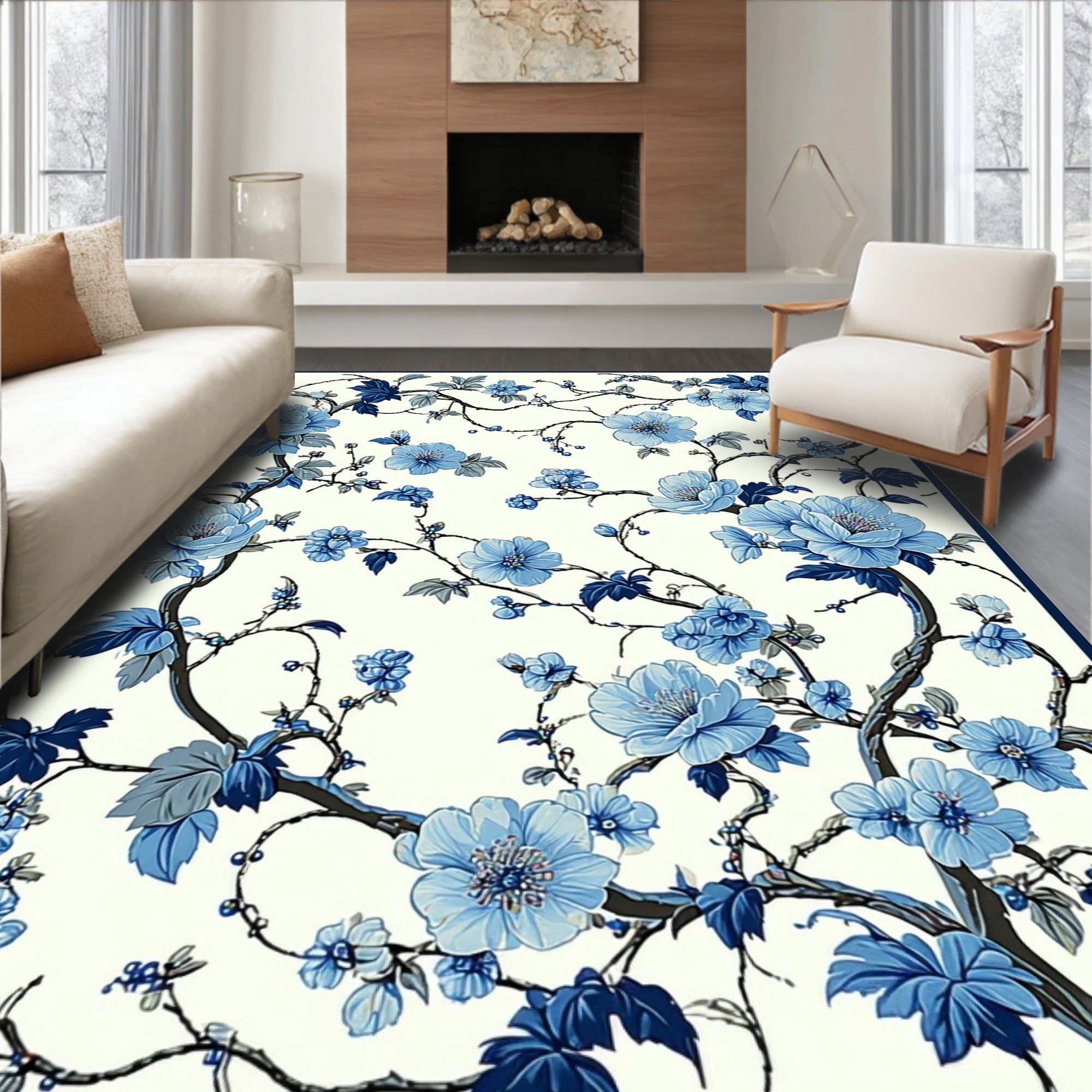Blue Floral Branch Pattern Rug