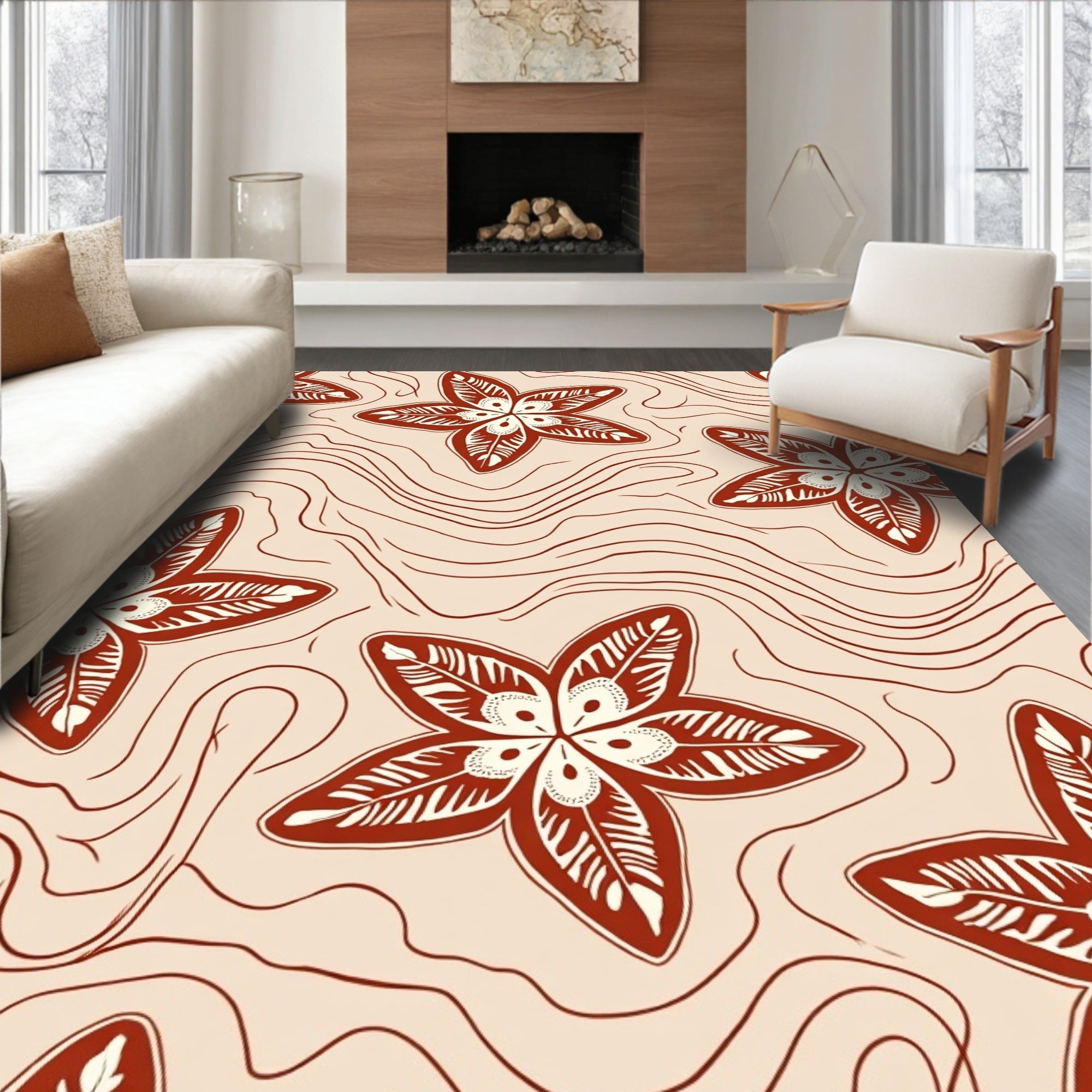 Terra Cotta Flower Wavy Pattern Rug