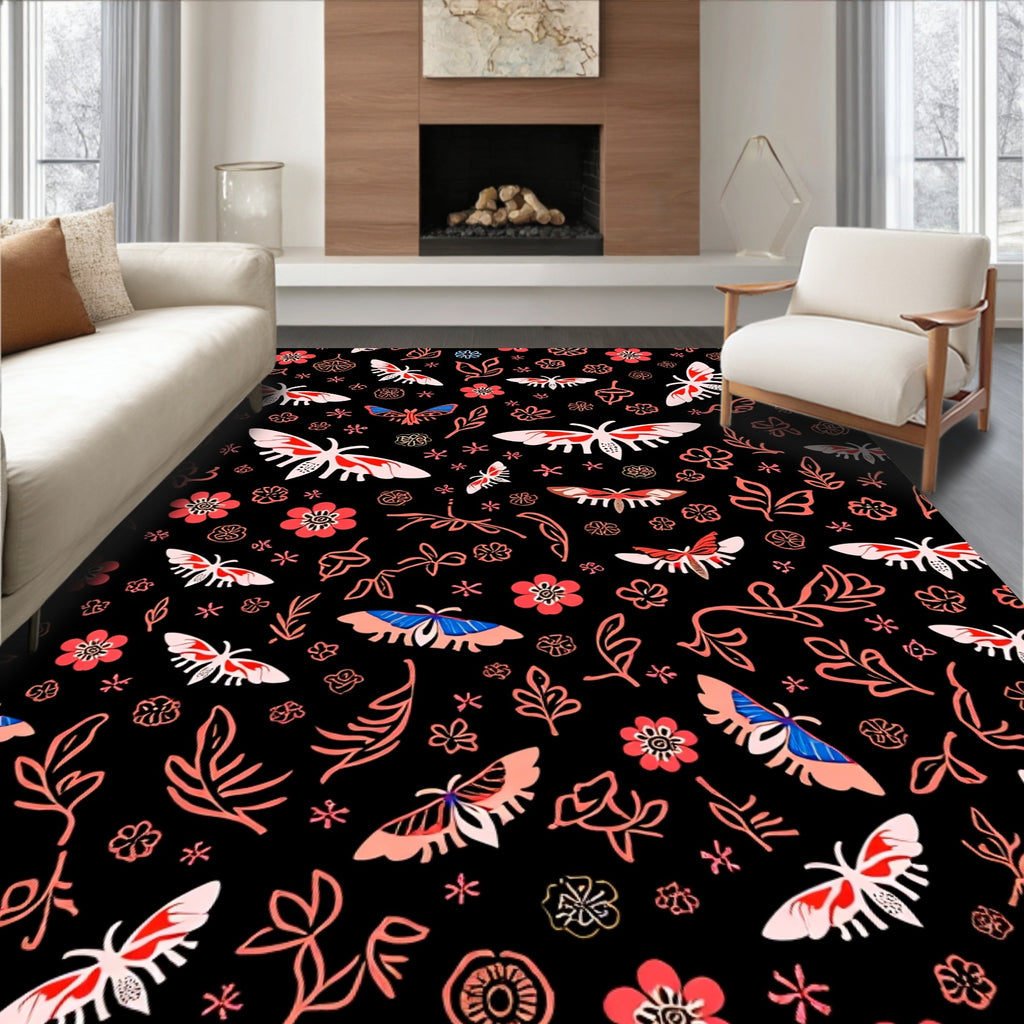 Whimsical Moths Flowers Pattern Rug