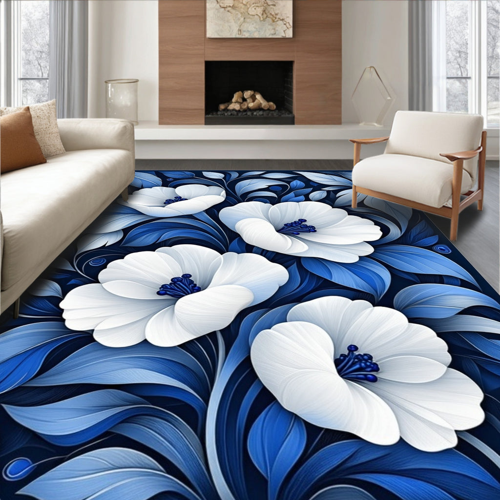 White Blue Floral Pattern Rug