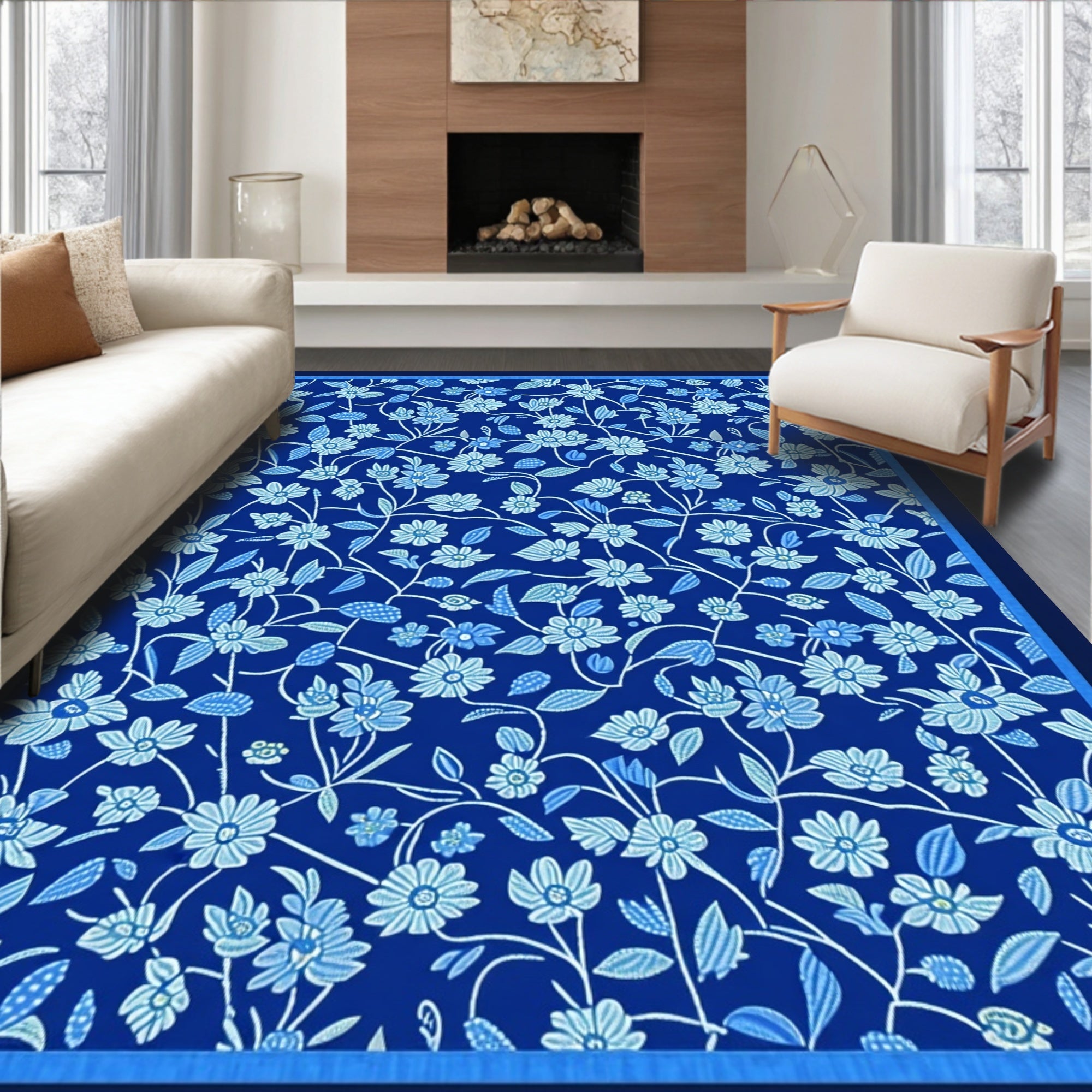 Blue Floral Vine Pattern Rug