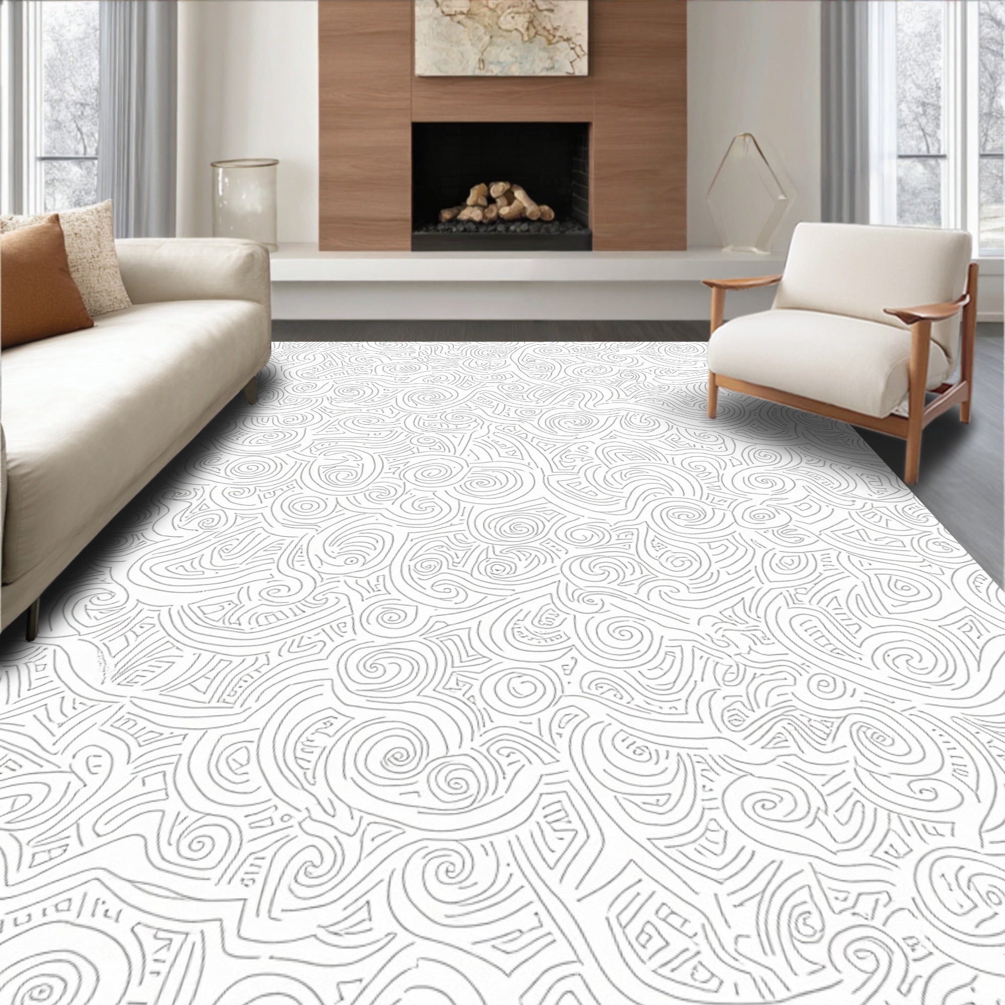 Abstract Swirls White Line Art Rug