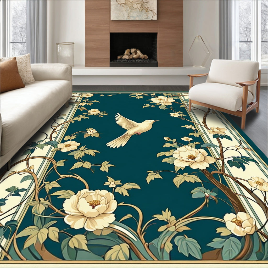 Elegant Avian Floral Art Nouveau Design Rug