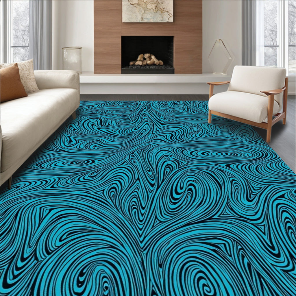 Aqua Swirls With Black Lines Rug
