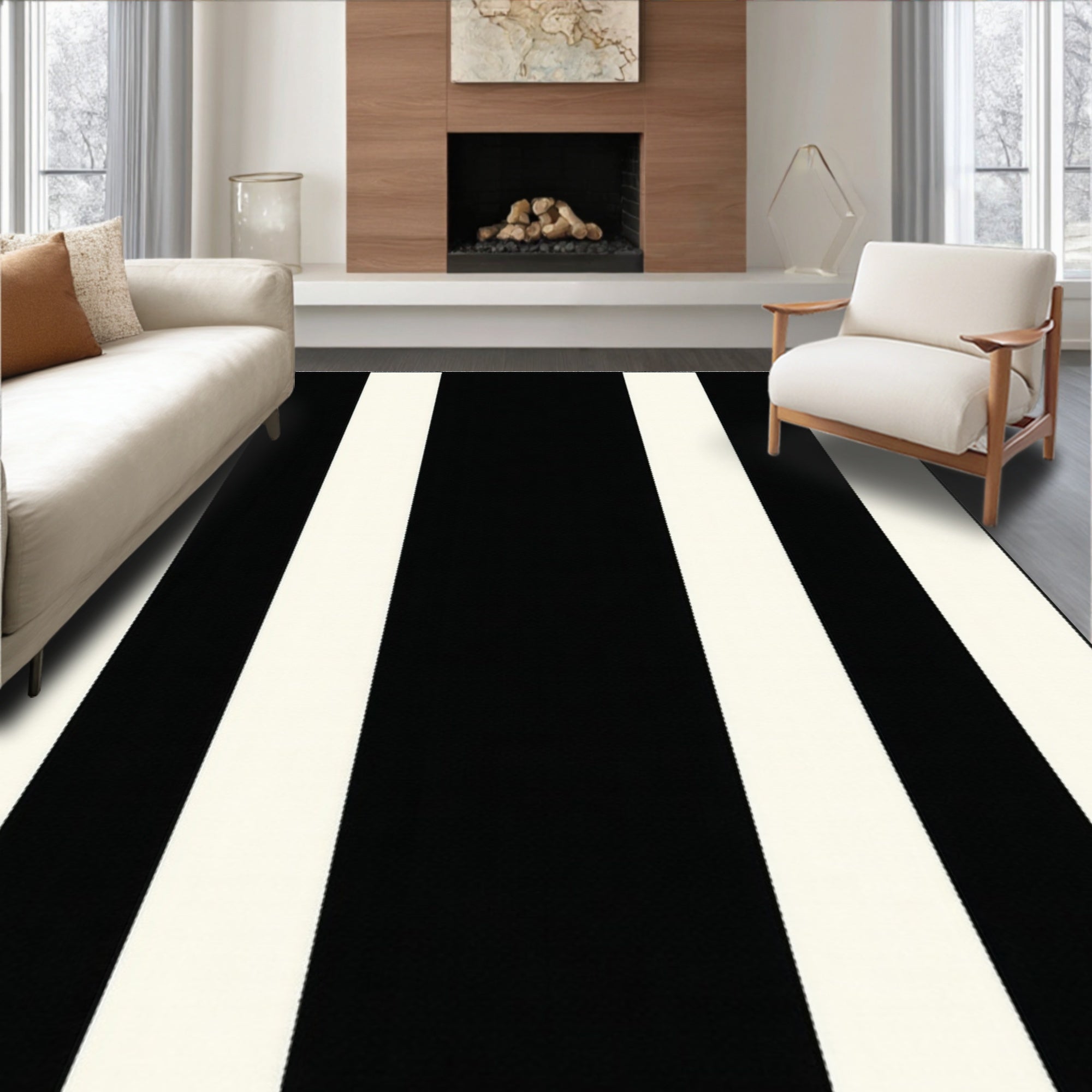 Bold Black White Stripe Design Rug