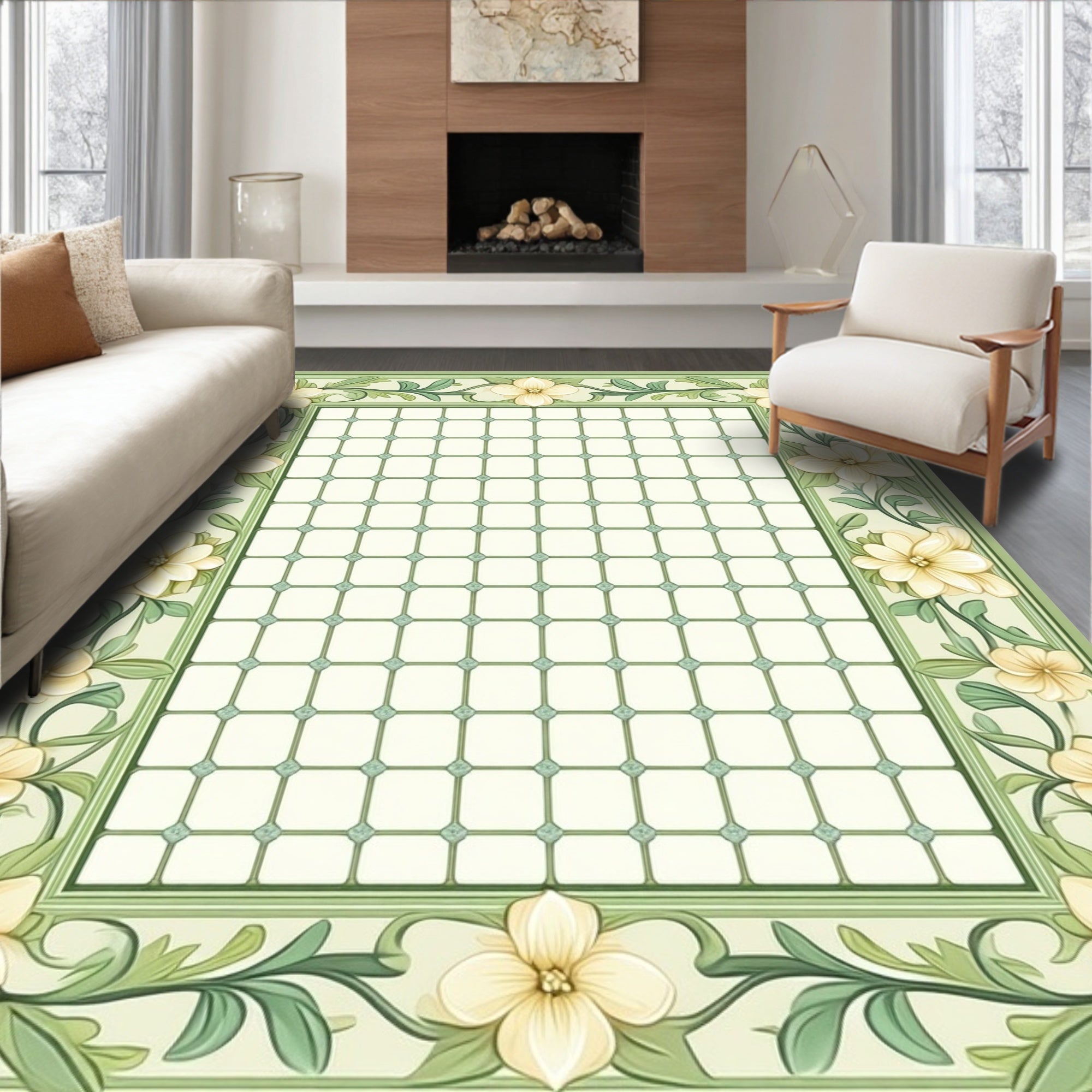 Floral Vine Grid Pattern Rug