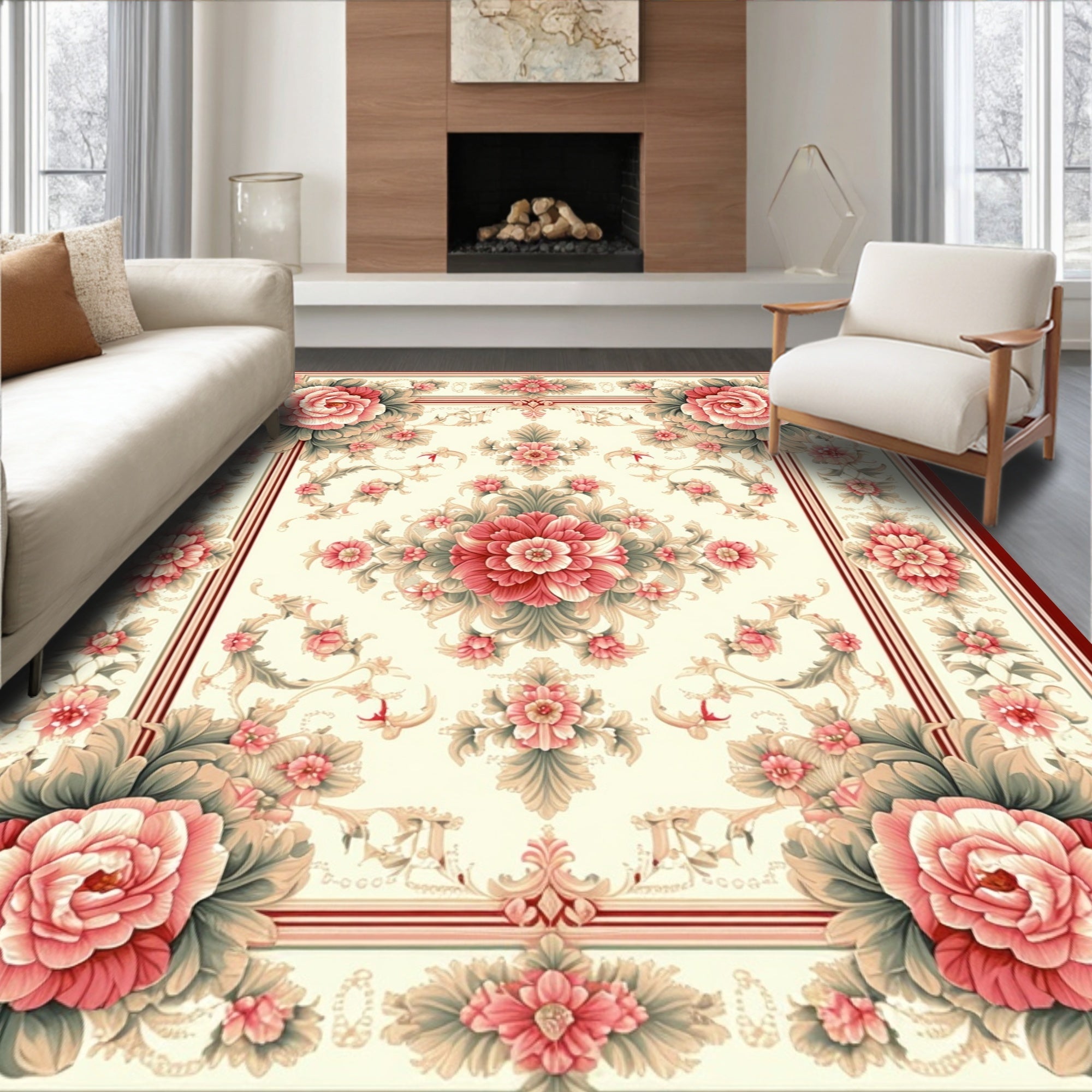 Elegant Pink Floral Frame Design Rug