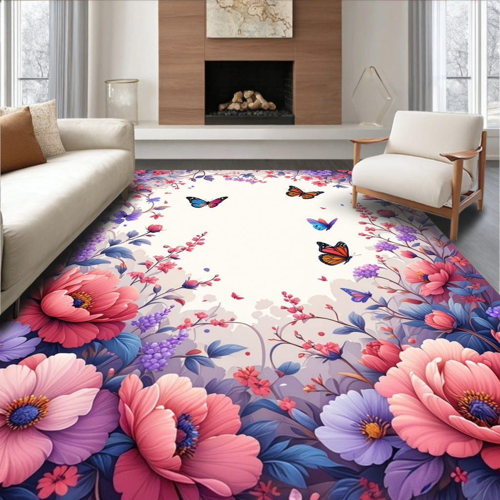 Vibrant Floral Butterflies Garden Rug