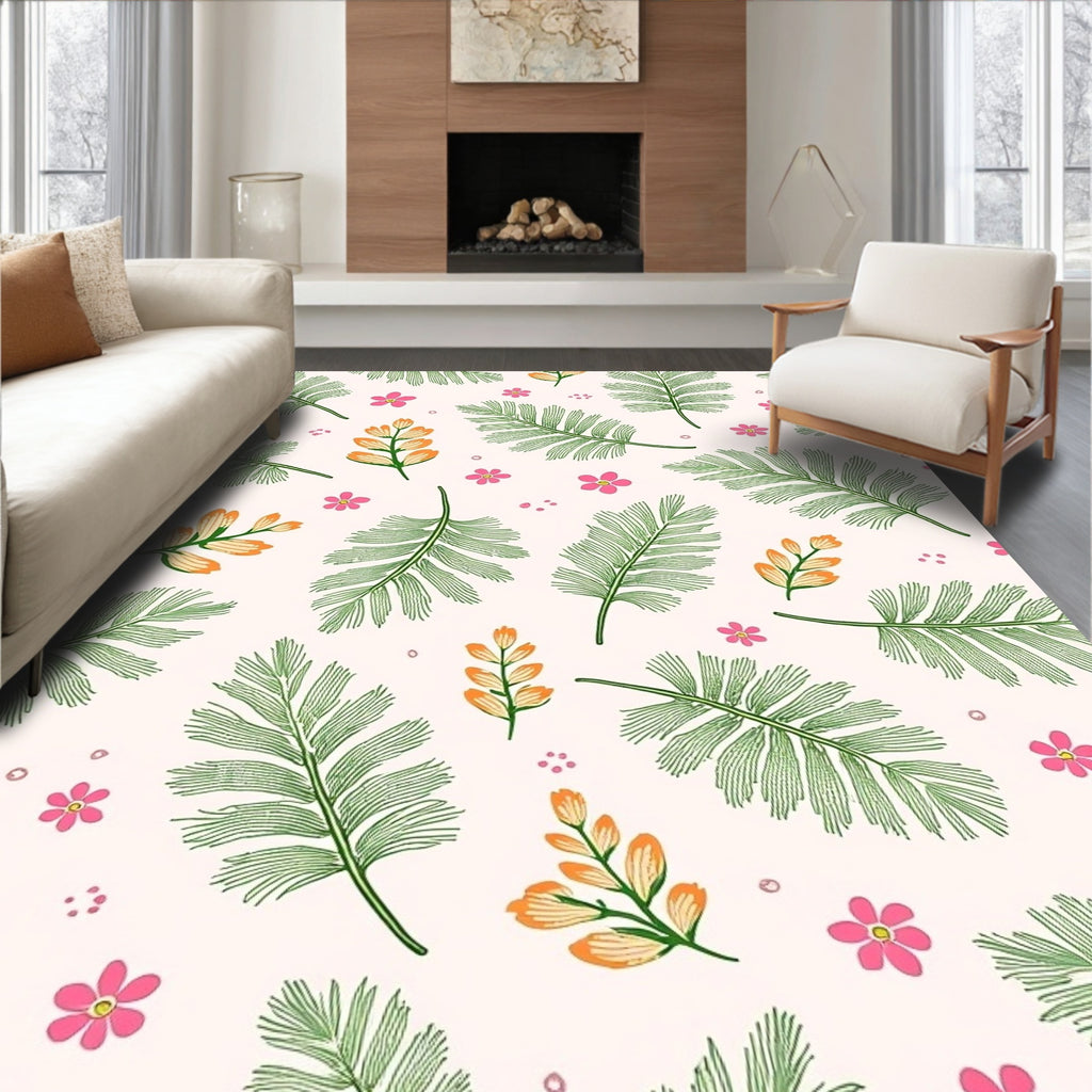 Green Fern Leaf Pink Flower Pattern Rug