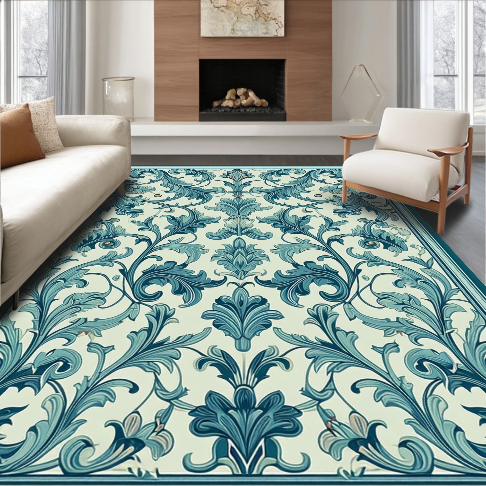 Classic Teal Floral Scroll Pattern Rug