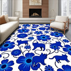 Blue Floral And Cat Silhouette Pattern Rug