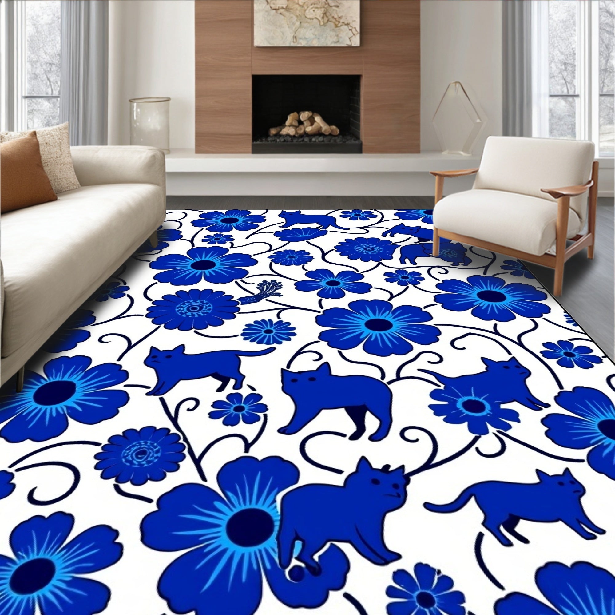 Blue Floral And Cat Silhouette Pattern Rug